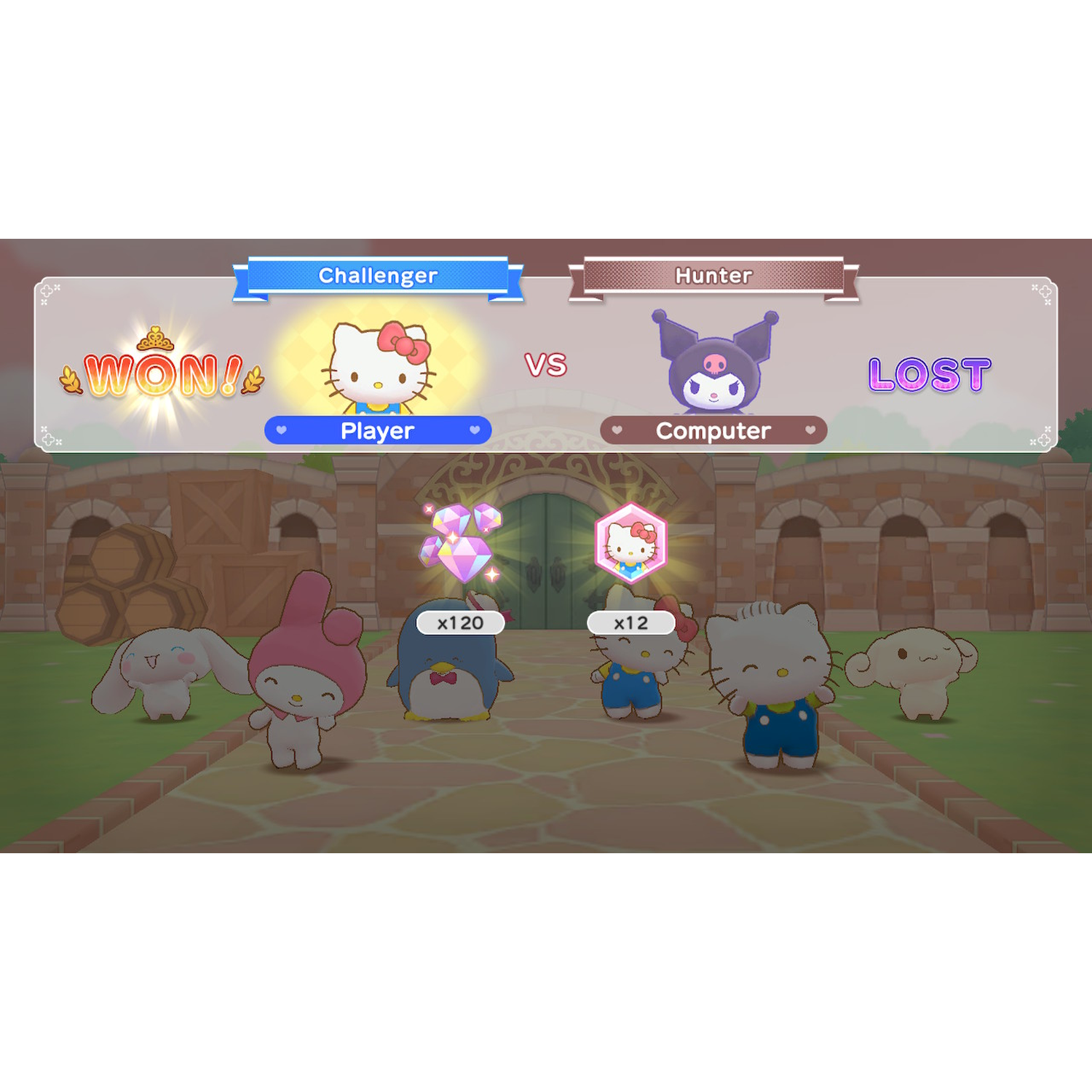Hello Kitty-gamescherm. Challenger won. Personages zijn Hello Kitty, My Melody en een pinguïn. Diamanten en een poort zijn zichtbaar.