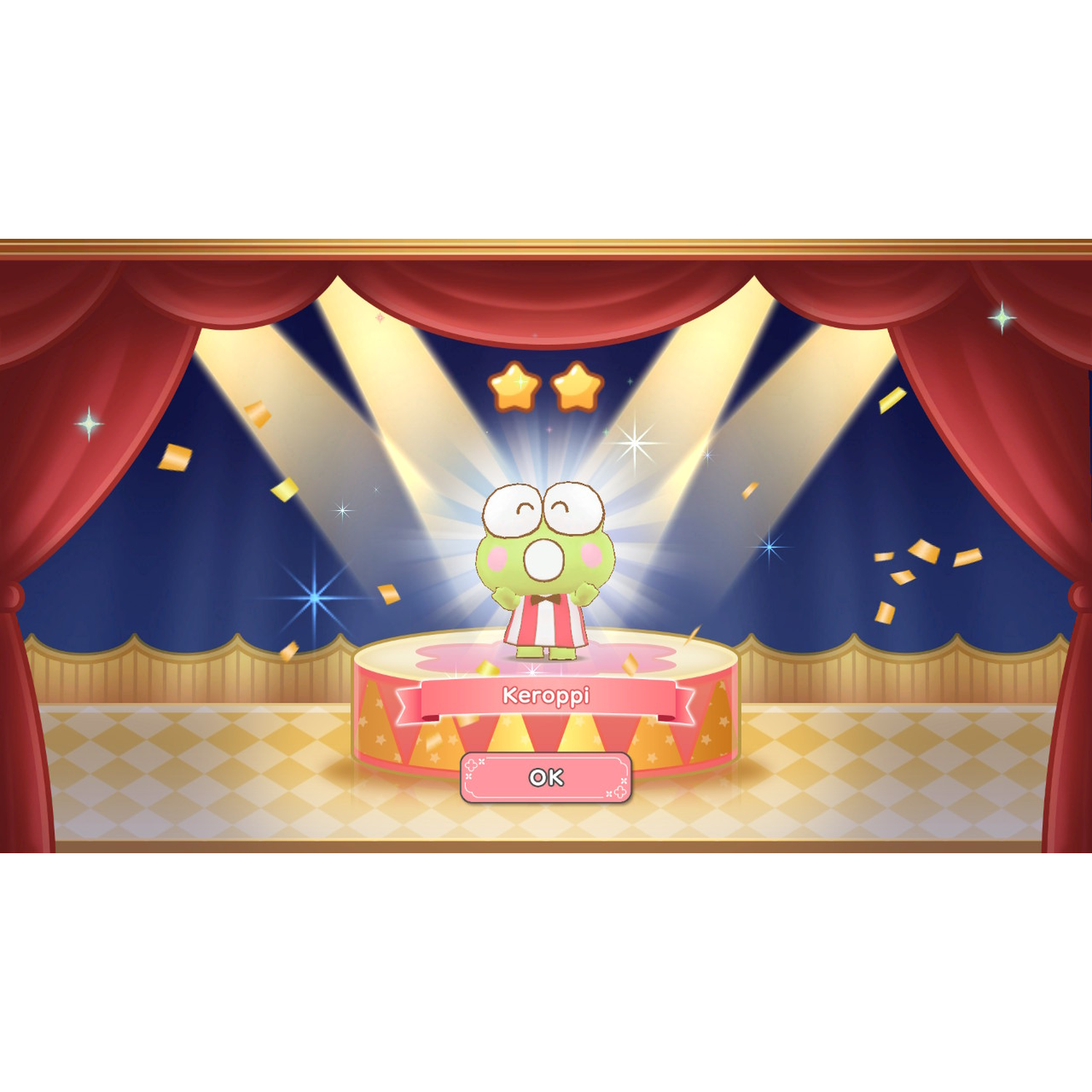 Keroppi op het podium met sterren, confetti en schijnwerpers. Een banner leest 'Keroppi' en een 'OK'-knop is zichtbaar.