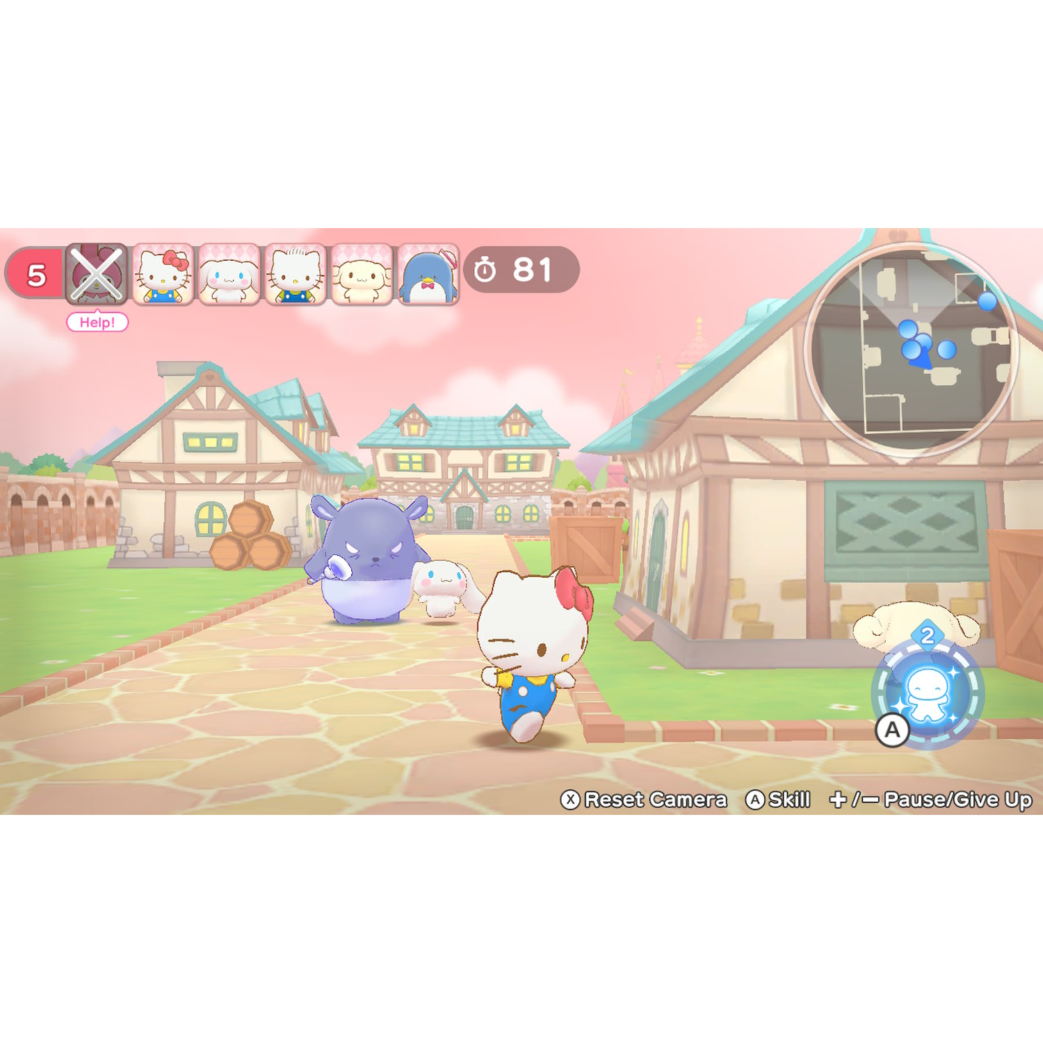 Hello Kitty in een blauwe outfit loopt op een geplaveide weg. Andere personages en gebouwen op de achtergrond, met een kaart rechts.
