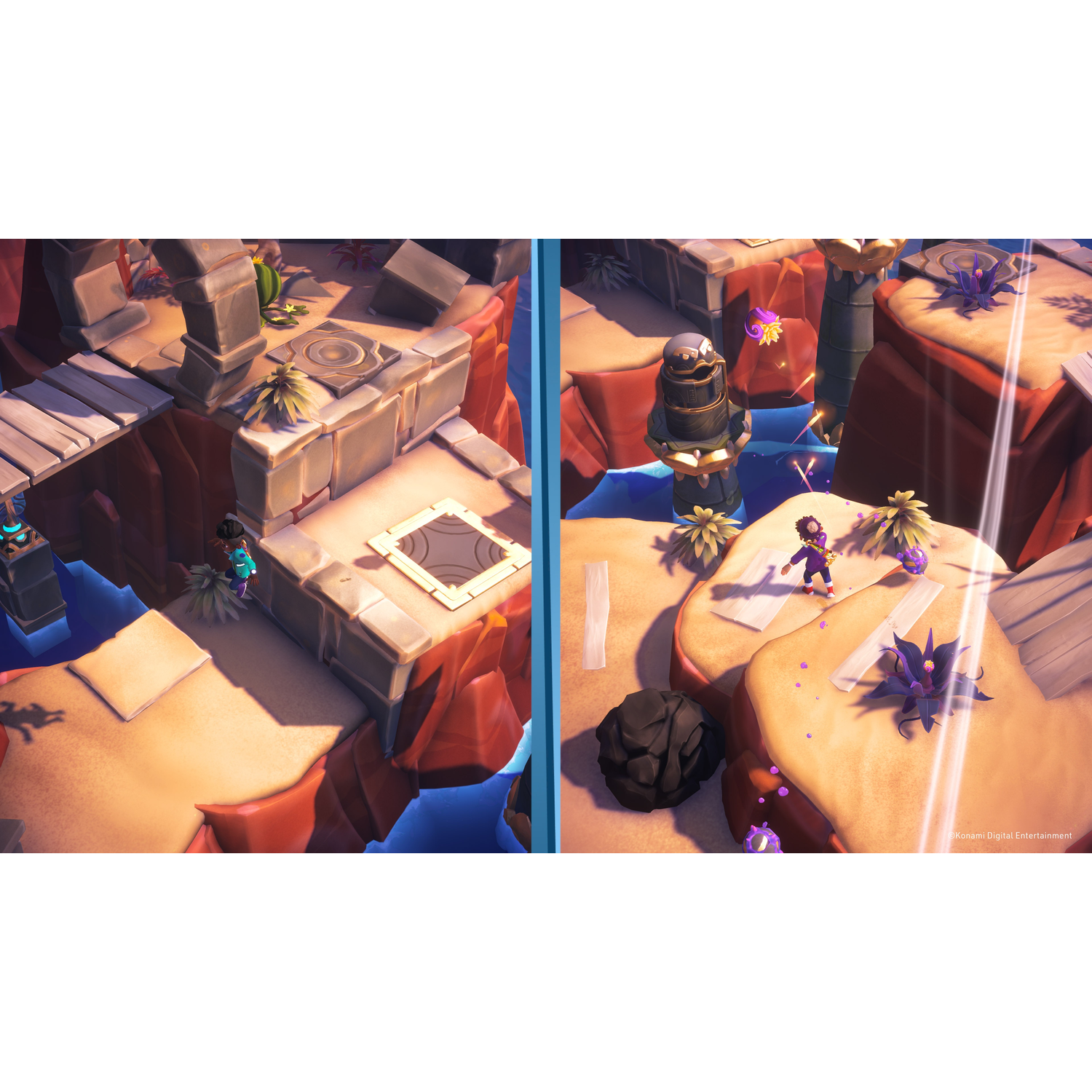 Een gesplitst scherm game scene. Personages staan op platforms. De omgeving heeft water, stenen structuren en paarse flora. Eén personage is in paars.