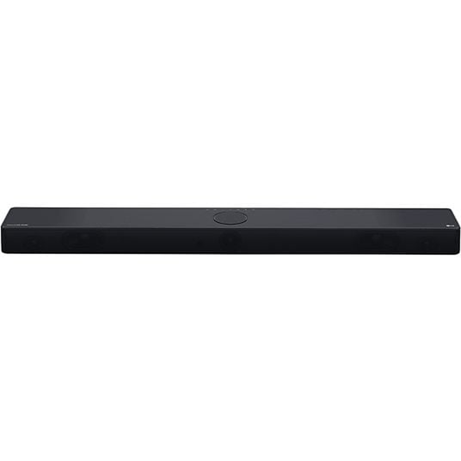 A black soundbar is centered, horizontal, with multiple speaker openings. The background is plain white, suggesting a product shot.