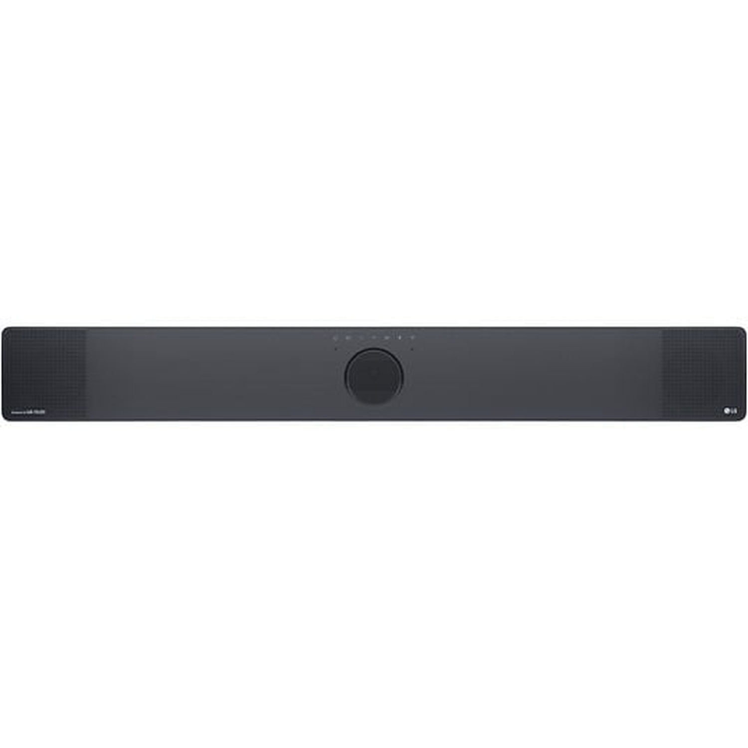 A dark gray LG soundbar. It is rectangular with rounded corners. There is a central control panel and speakers on both ends.