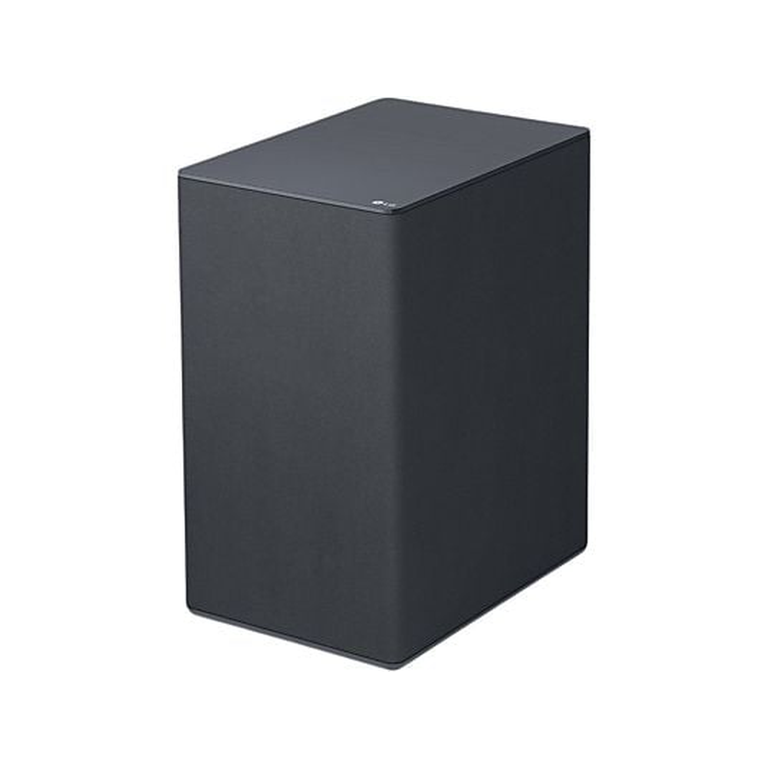 A dark gray subwoofer, a rectangular box shape, sits against a white background. The top has a dark, smooth surface.