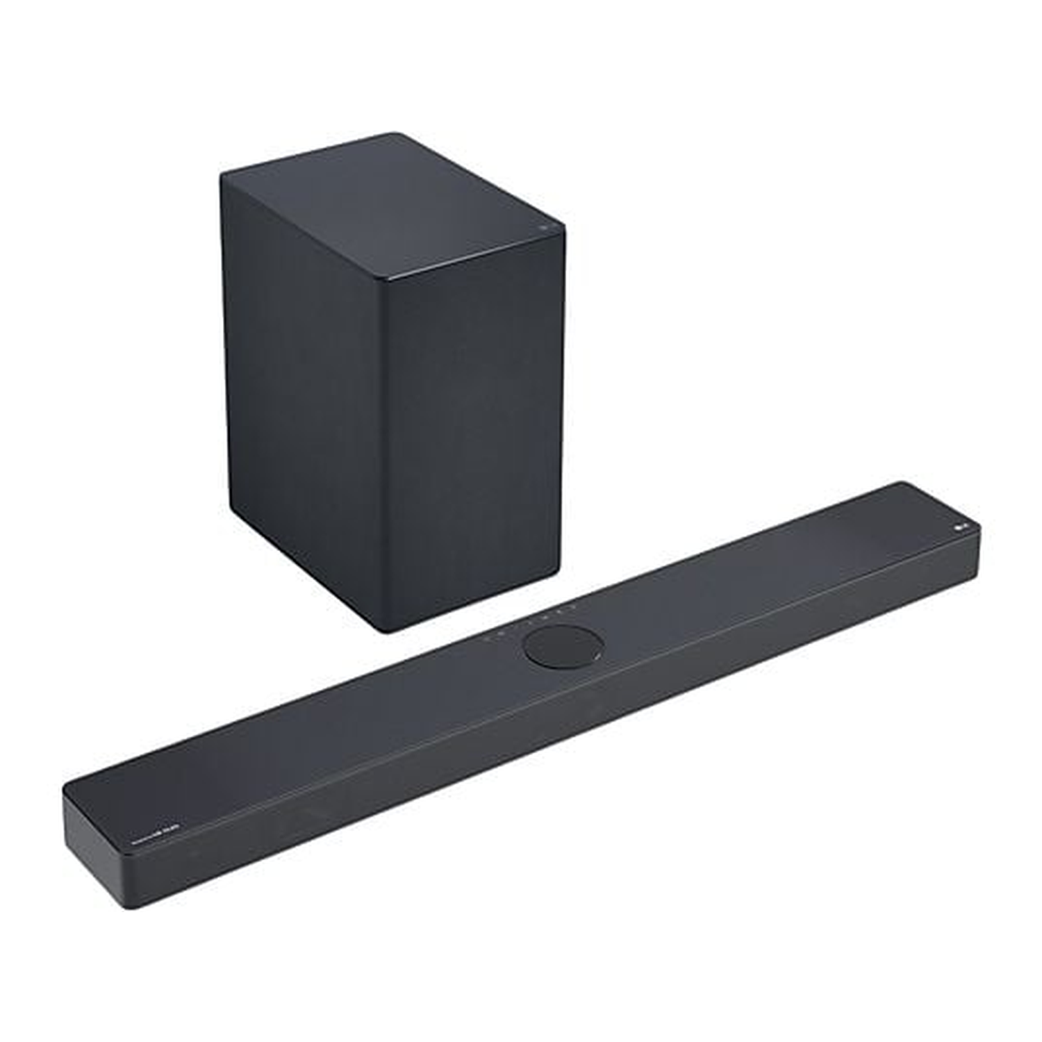 A black soundbar and subwoofer on a white background. The soundbar is long and rectangular, with a circular control.
