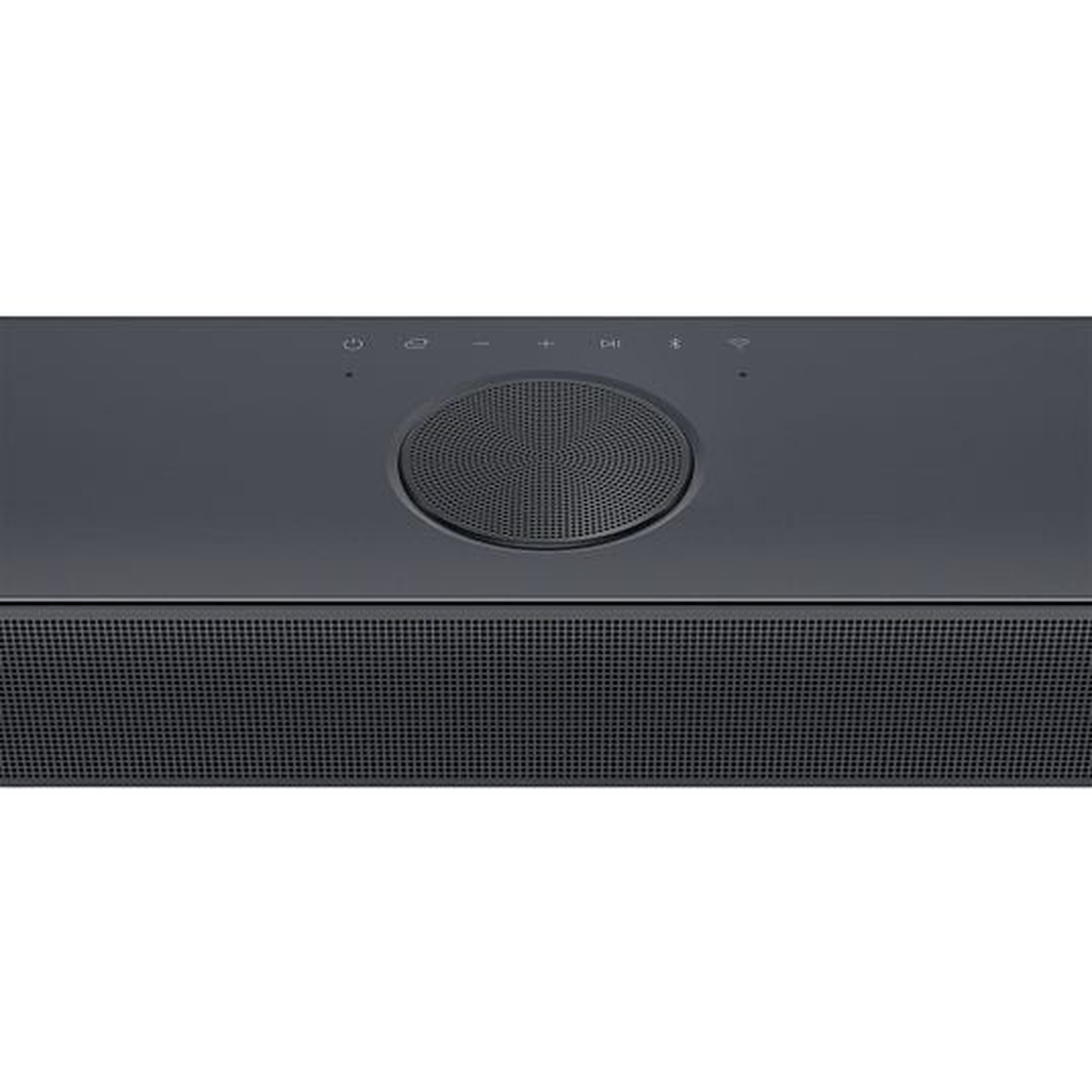 Close-up of a dark gray soundbar with a speaker grill, control buttons, and a central circular speaker. White background.