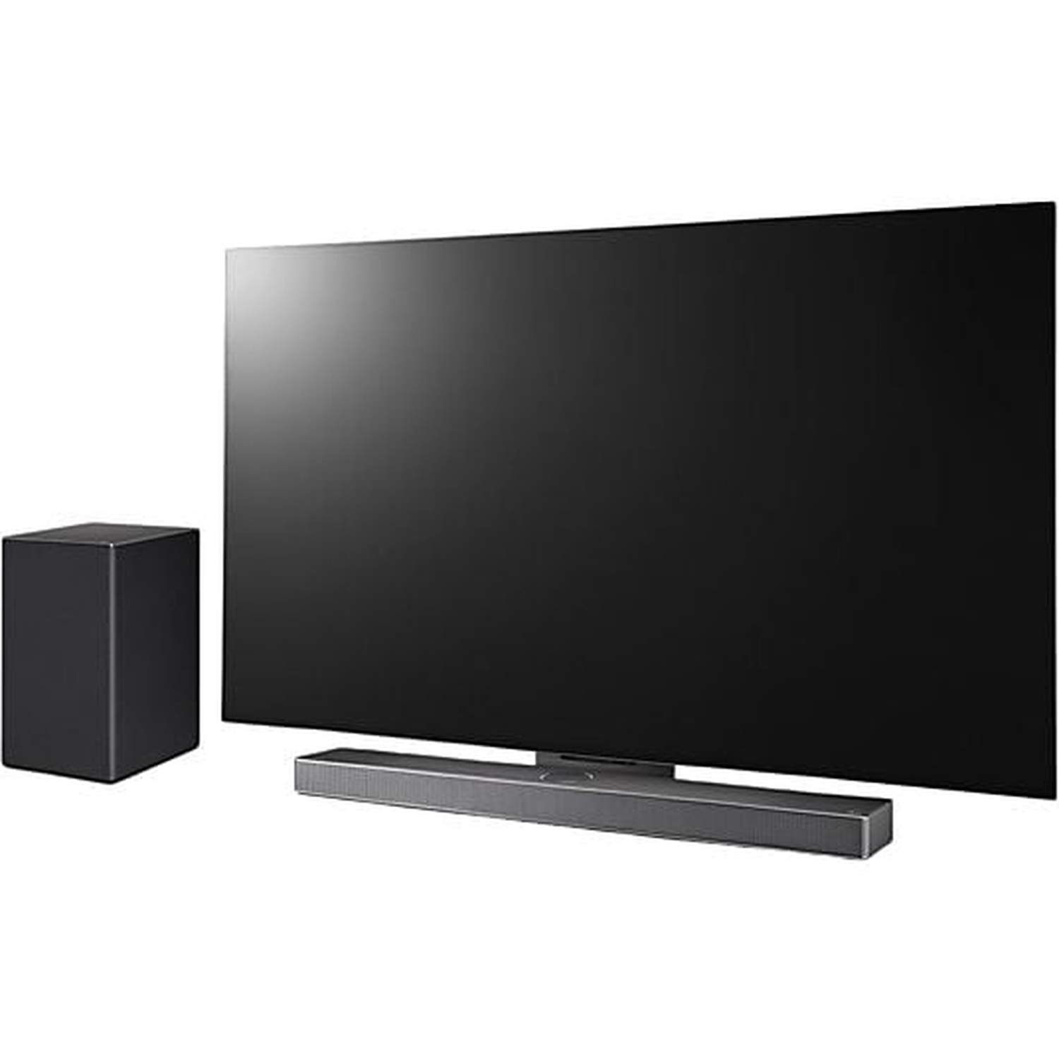 A large black screen TV with a sound bar below and a subwoofer to the left. All on a white background.
