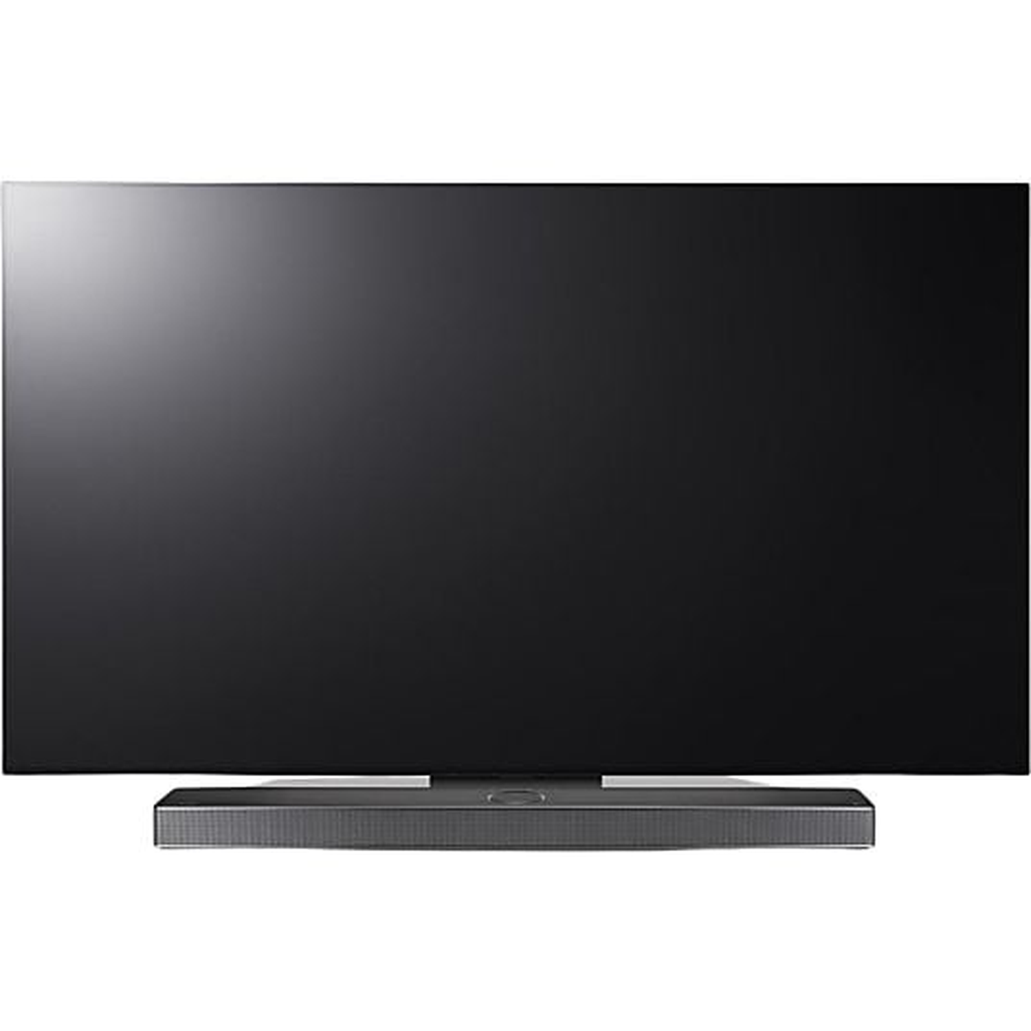 A large, black flat-screen TV sits atop a dark soundbar. The screen is off, reflecting the surrounding light.