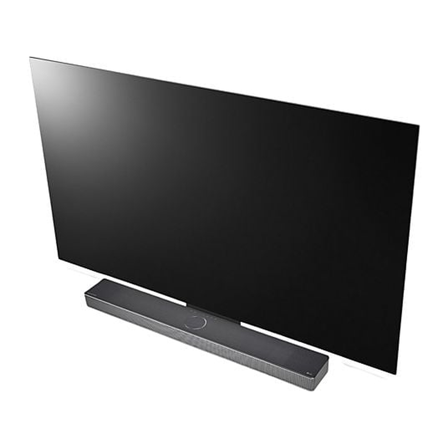 A black, large flat-screen TV with a soundbar below it. The TV is off, and the soundbar is dark grey.