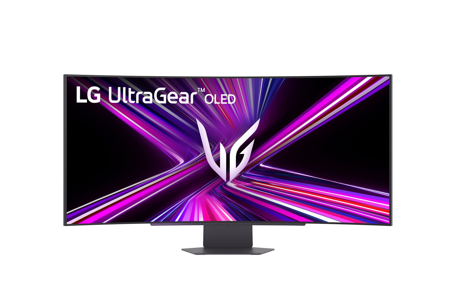 Gebogen LG UltraGear OLED-monitor. Display toont paarse en witte lijnen die convergeren naar een wit LG-logo. Zwarte achtergrond.