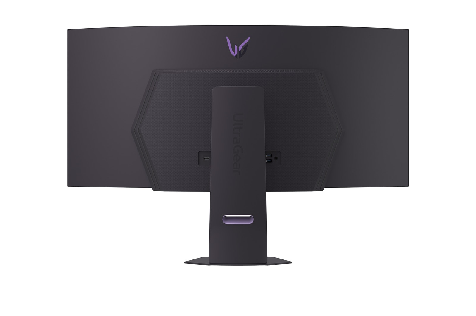Achterkant van een zwarte gebogen monitor met standaard. LG Ultragear logo bovenaan. Poorten zichtbaar onderaan.
