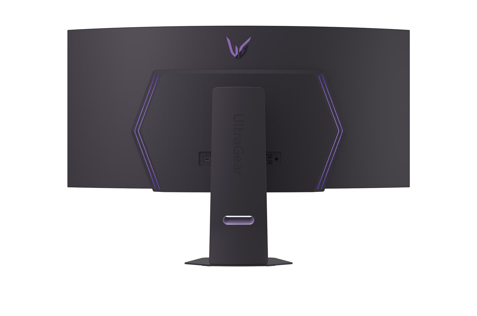 Achteraanzicht van een zwarte LG UltraGear monitor. Het heeft een standaard, USB-poorten en paarse accentverlichting. Het LG-logo is zichtbaar.