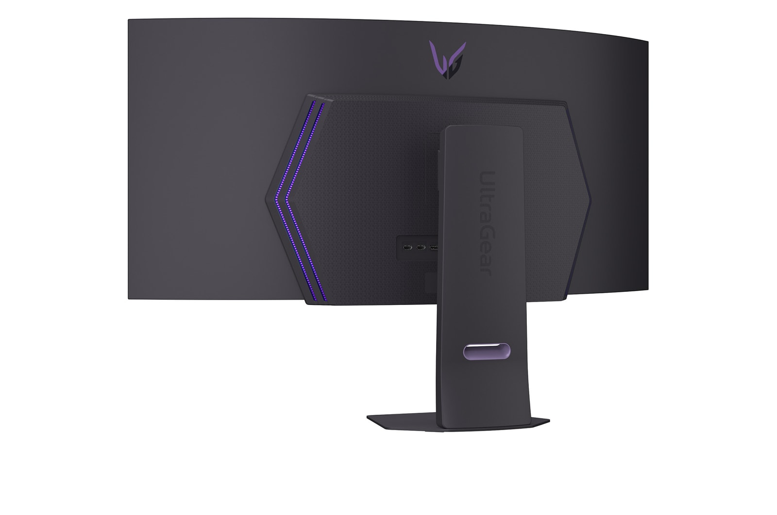 Achterkant van een zwarte LG UltraGear monitor. Het heeft een standaard, een paars logo en paarse lichtaccenten.