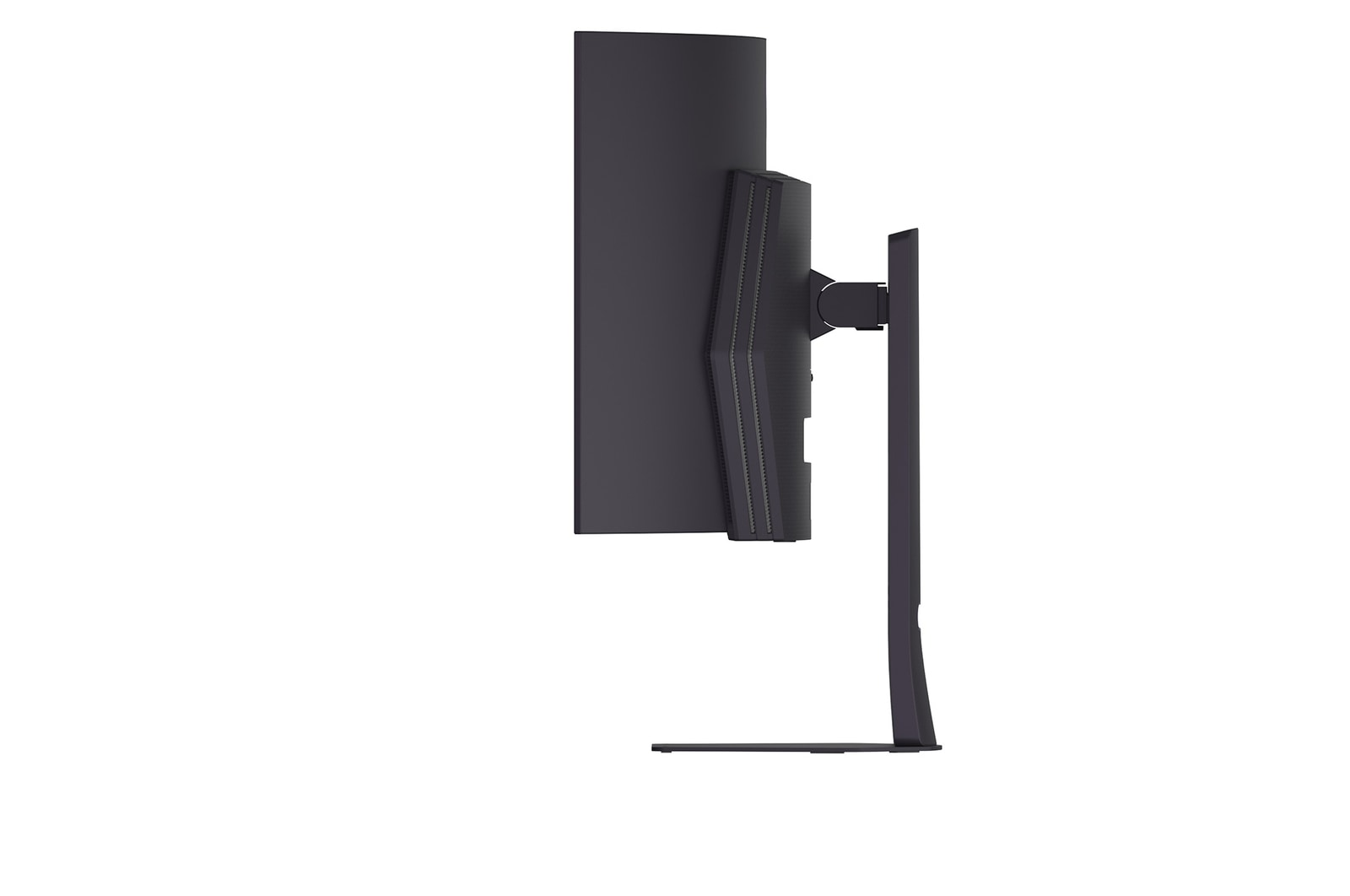Zijaanzicht van een gebogen zwarte monitor. Het is op een standaard gemonteerd en toont het zijprofiel. De achtergrond is wit.