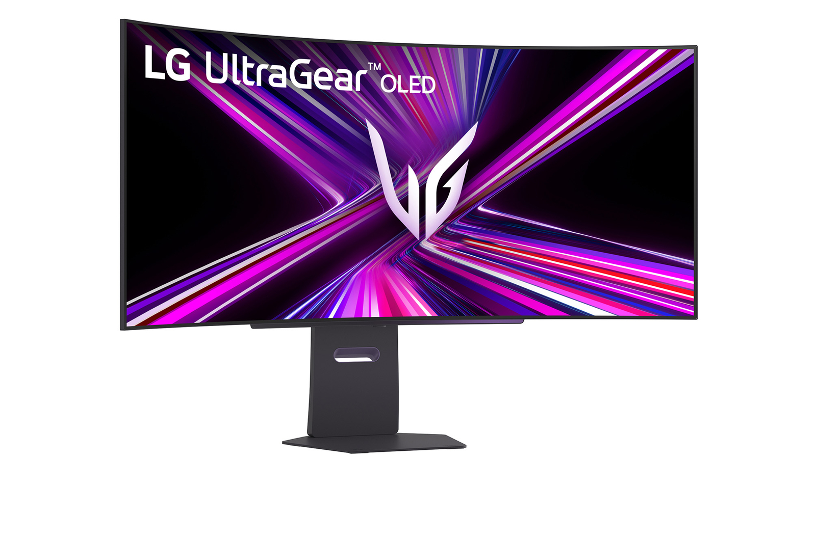 Gebogen LG UltraGear OLED-monitor. Scherm toont een abstract ontwerp in paars en roze. Zwarte standaard. Witte achtergrond.