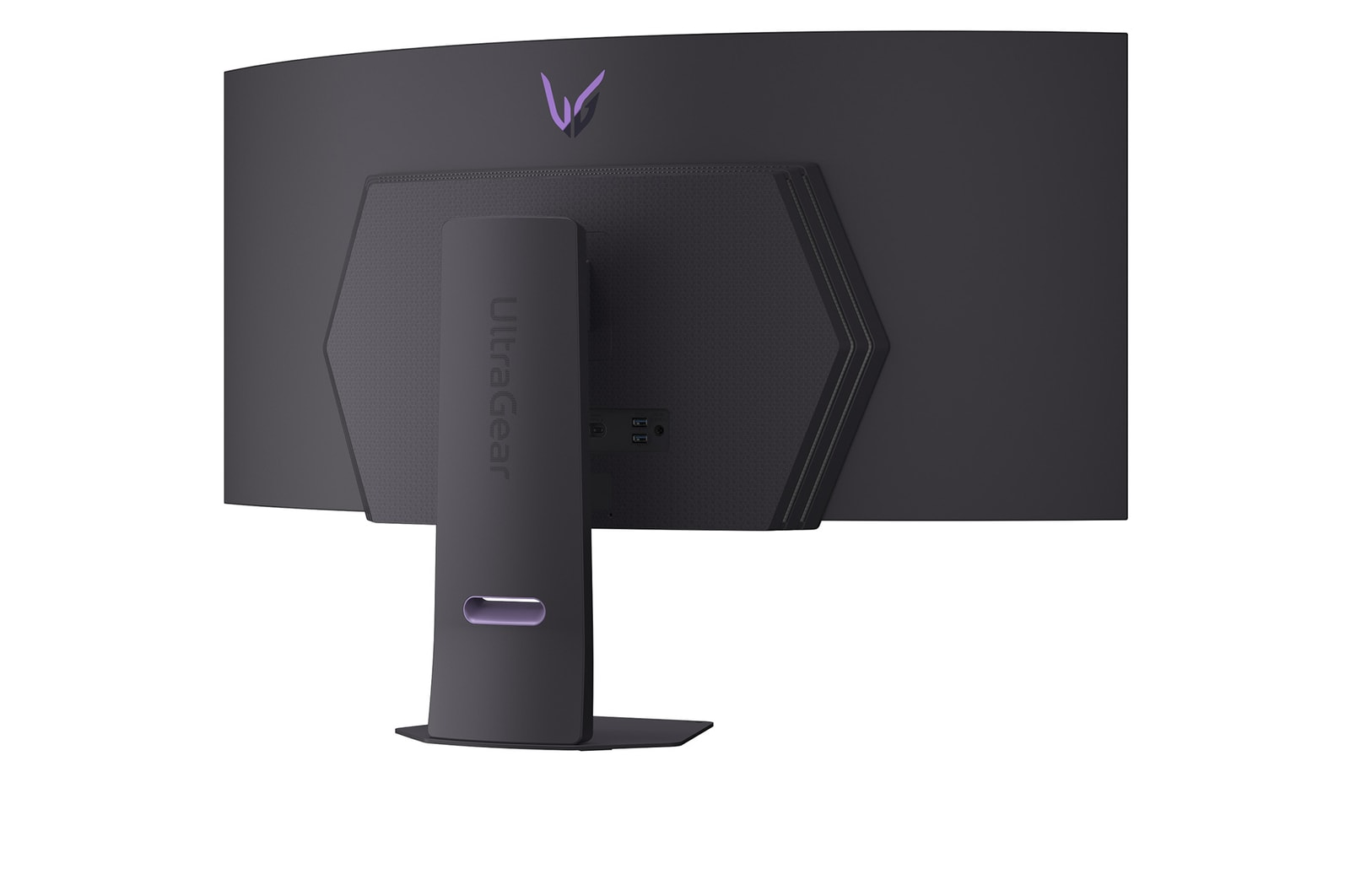 Achteraanzicht van een zwarte, gebogen monitor met een paars logo en standaard. Op de standaard staat 'UltraGear'.