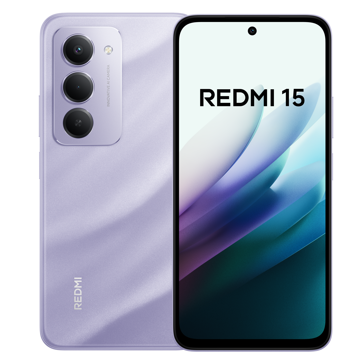 Een lila Redmi 15 smartphone. Achterop drie camera's en het Redmi-logo. Het scherm toont de naam en abstracte achtergrond.