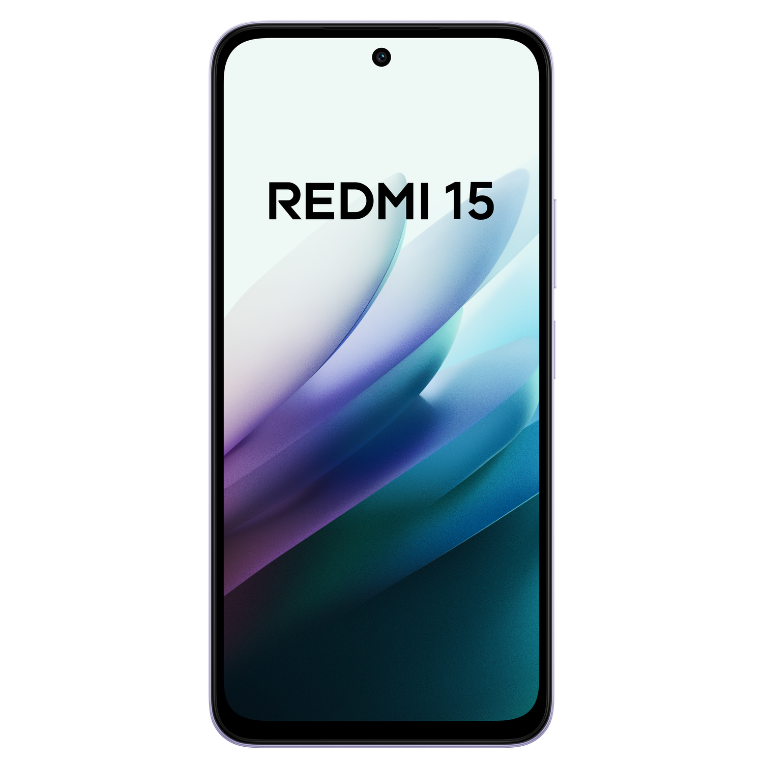 Een smartphone toont de woorden 'REDMI 15' op een wit scherm met een kleurrijke abstracte achtergrond. De telefoon heeft een zwarte rand.