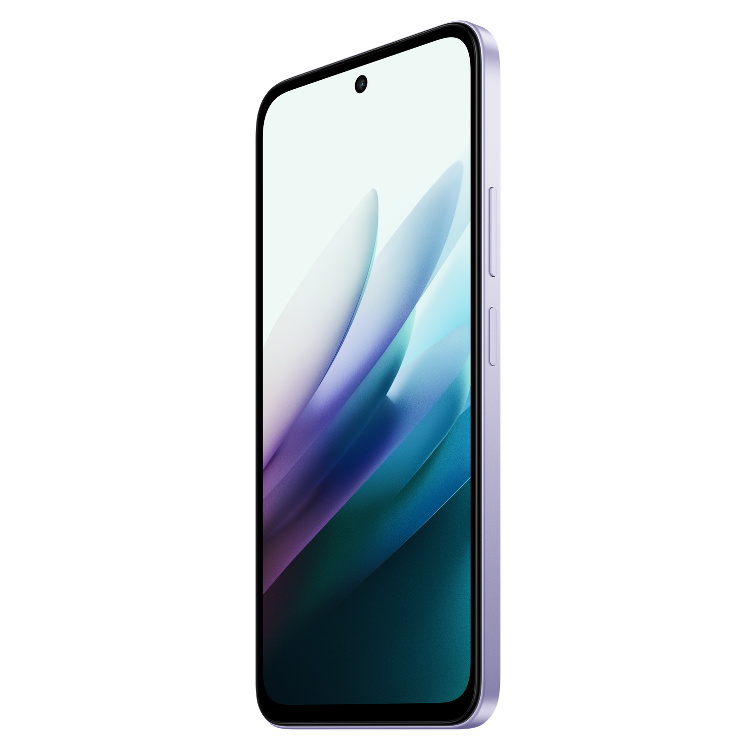 Een paarse smartphone staat iets schuin. Het scherm toont een abstract wit en blauw ontwerp. Volume- en aan/uit-knoppen zijn zichtbaar.