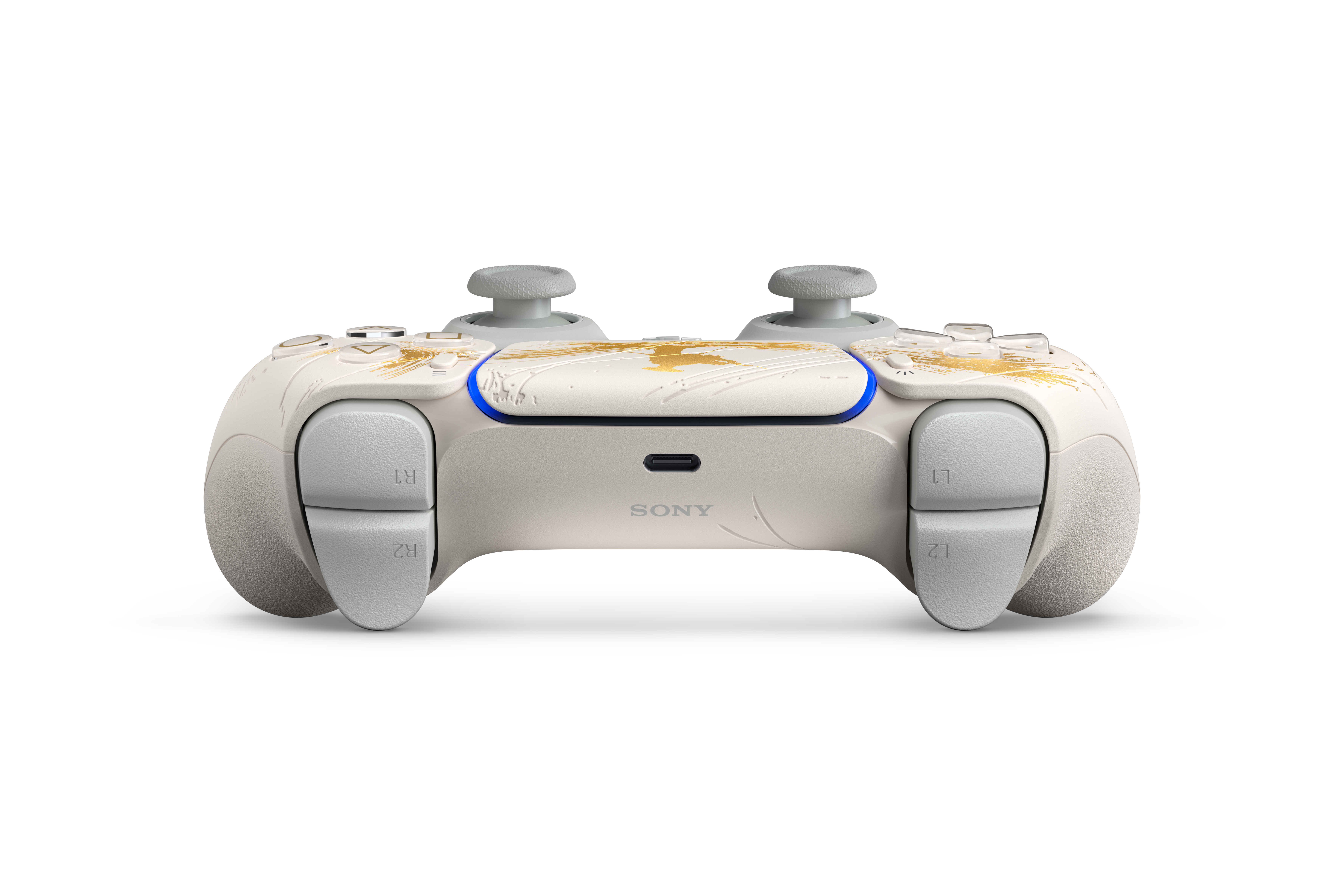 Ein weiß-goldener PlayStation 5-Controller. Er hat graue Joysticks und Tasten. Der Hintergrund ist weiß.