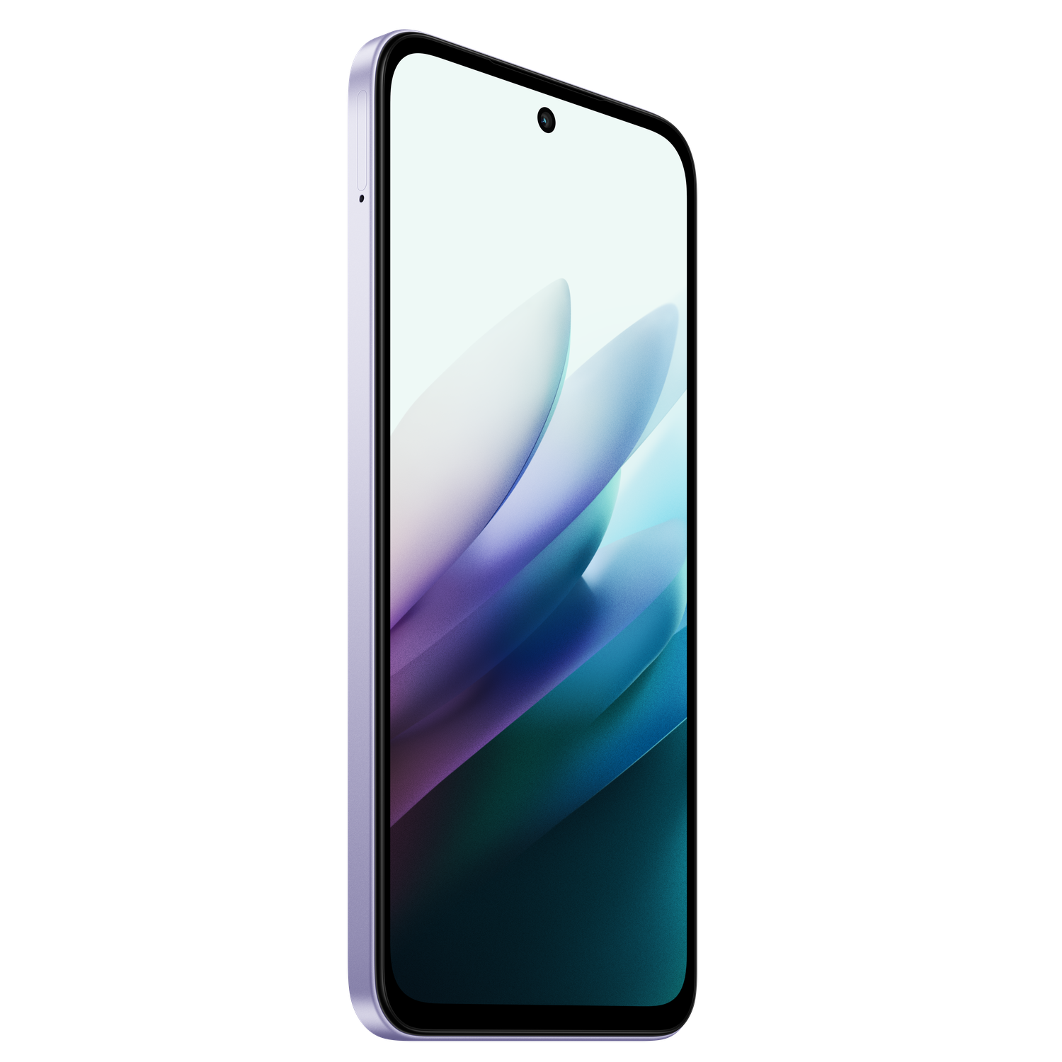 Een paarse smartphone, schuin, toont een verloop van wit, blauw en groen. De achtergrond is zwart.