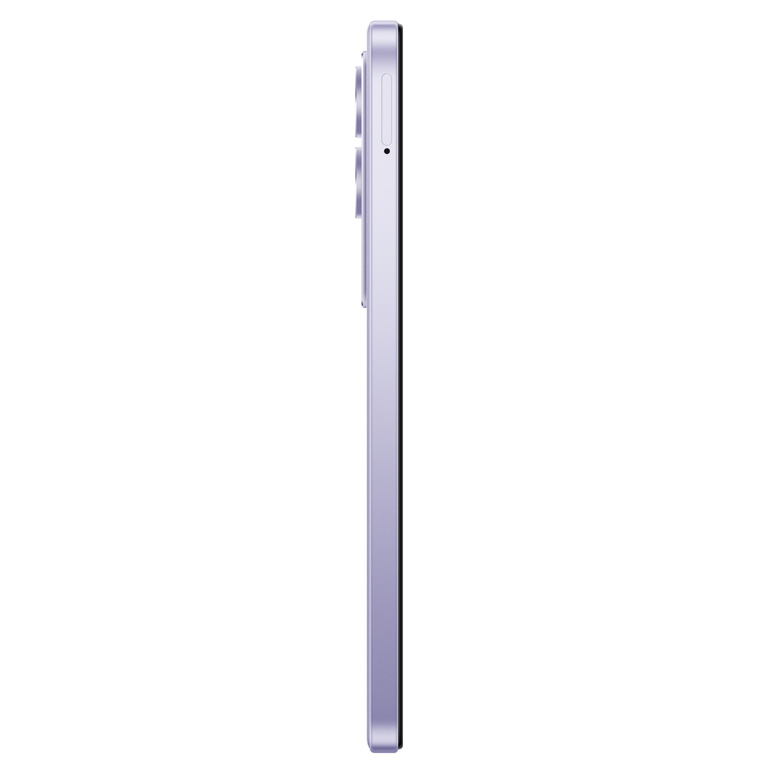 Zijaanzicht van een lavendelkleurige smartphone. Volumeknoppen, aan/uit-knop en simlade zijn zichtbaar. Zwarte achtergrond.