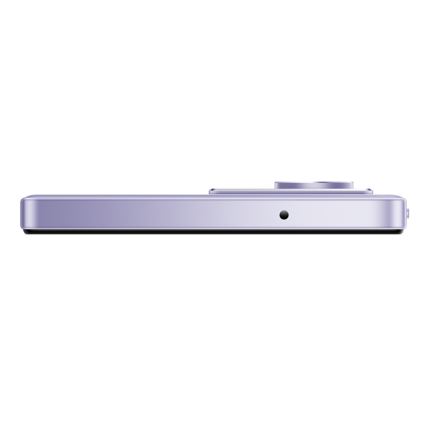 Zijaanzicht van een lichtpaarse smartphone. Voorzien van een camerabult, een klein gaatje en een aan/uit-knop. Tegen een zwarte achtergrond.