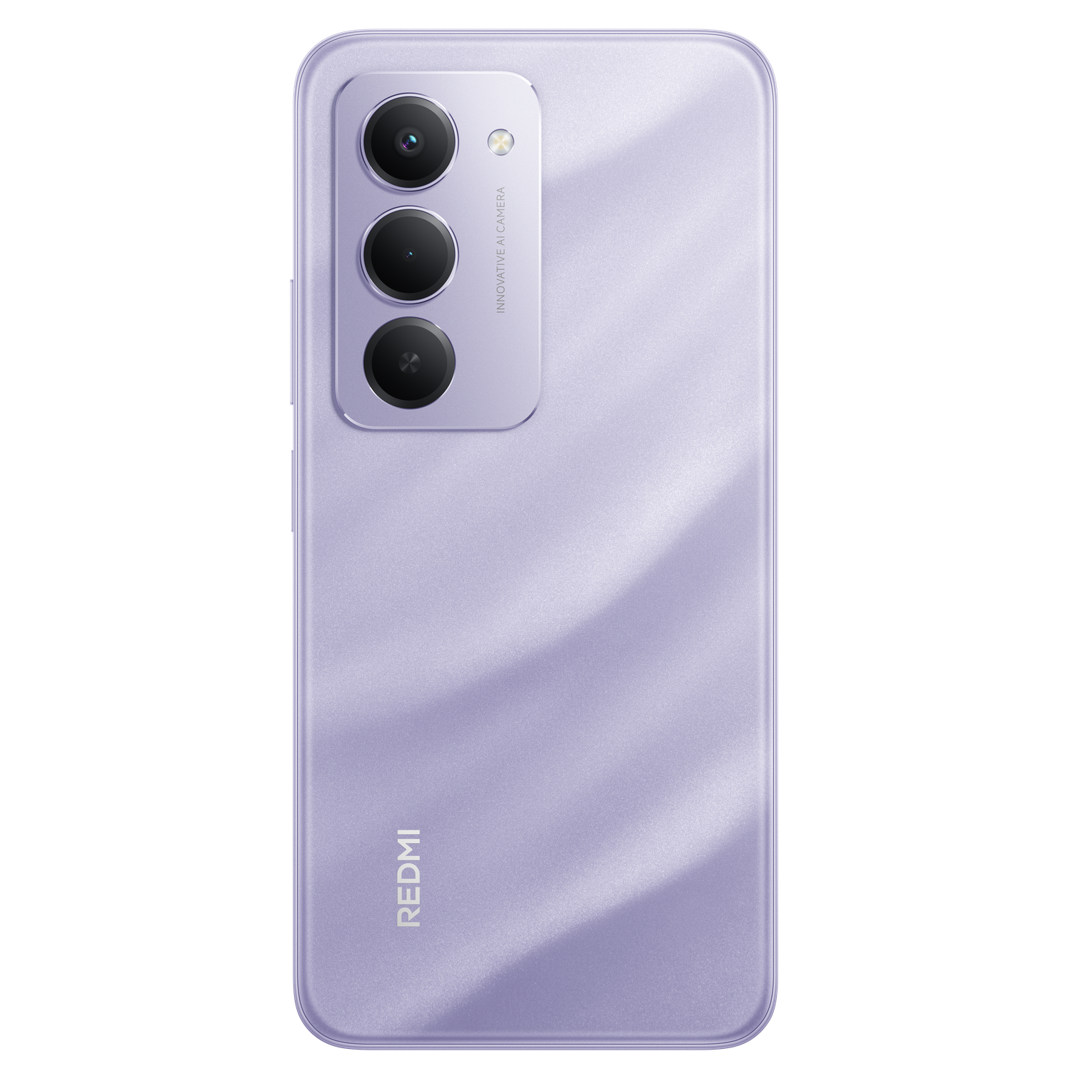Een paarse smartphone achterkant. Drie cameralenzen en flitser linksboven. De merknaam REDMI is verticaal onderaan gedrukt.