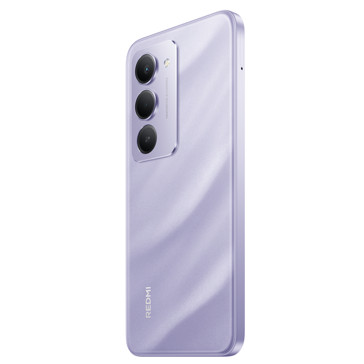 Een lila smartphone met drie camera's aan de achterkant. De merknaam is Redmi.