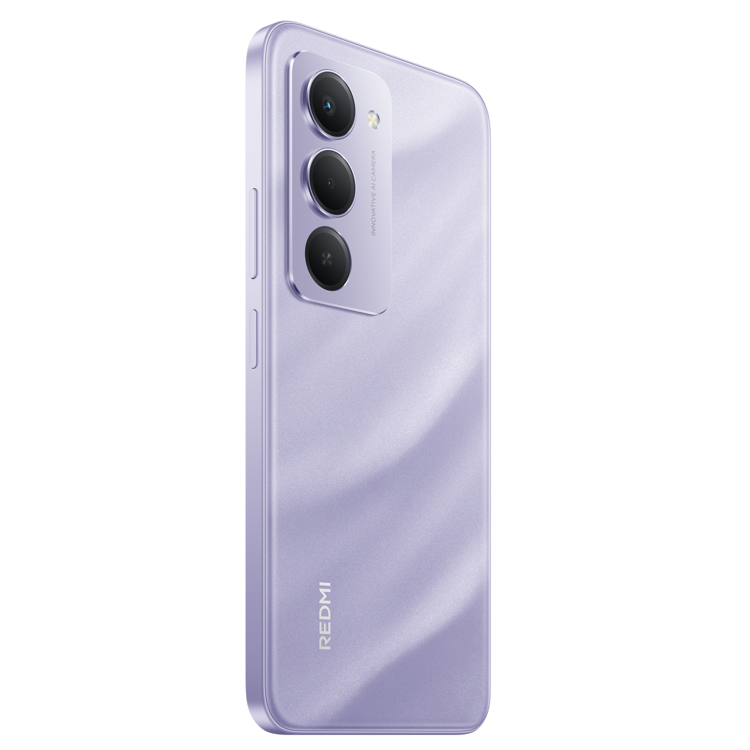 Een lila smartphone met drie camera's en het woord REDMI erop. De achtergrond is zwart.