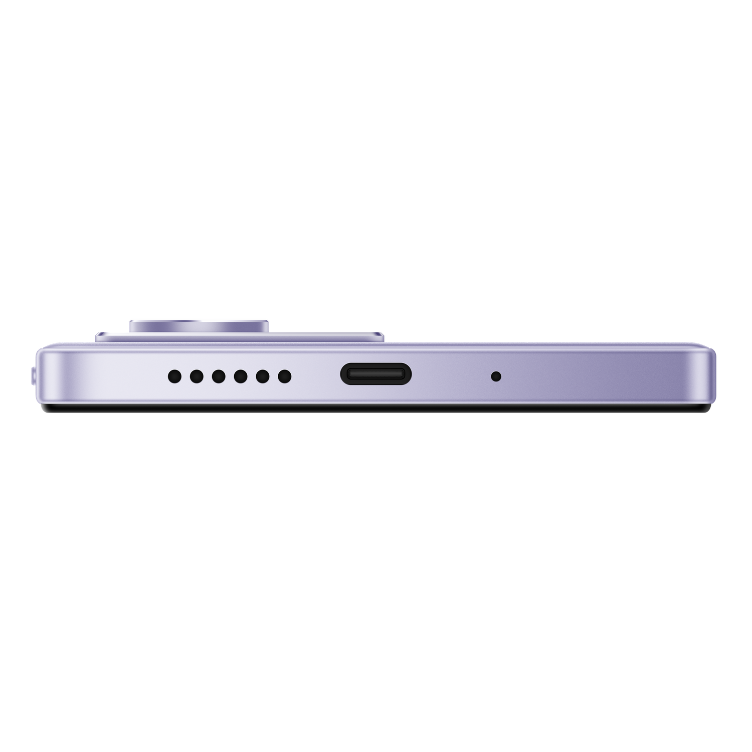 Zijaanzicht van een paarse smartphone, met poorten, luidsprekergaten en een camerabult op een zwarte achtergrond.
