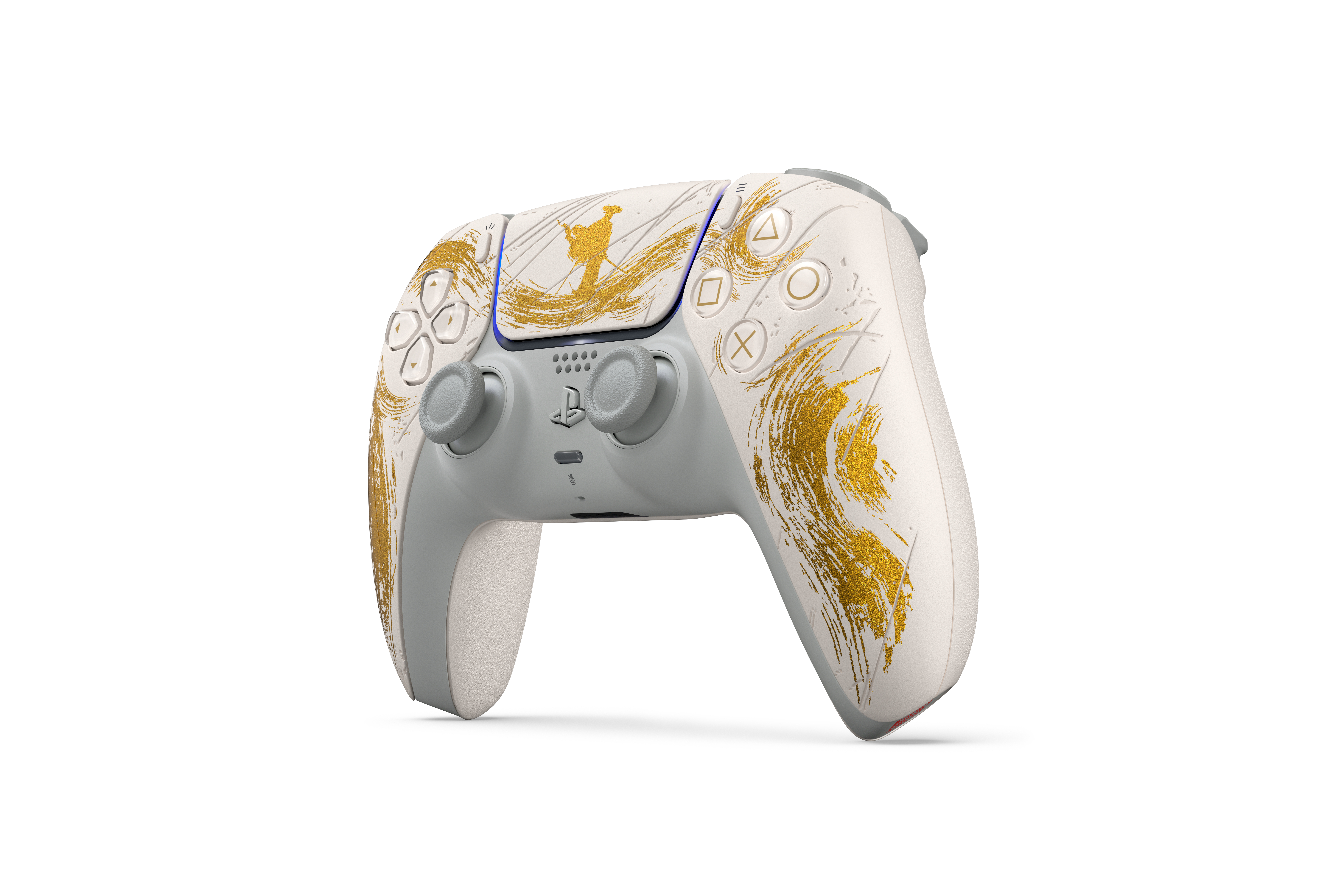 Ein weiß-grauer PlayStation 5-Controller mit goldenem Pinselstrich-Design und Symbolen. Der Hintergrund ist weiß.