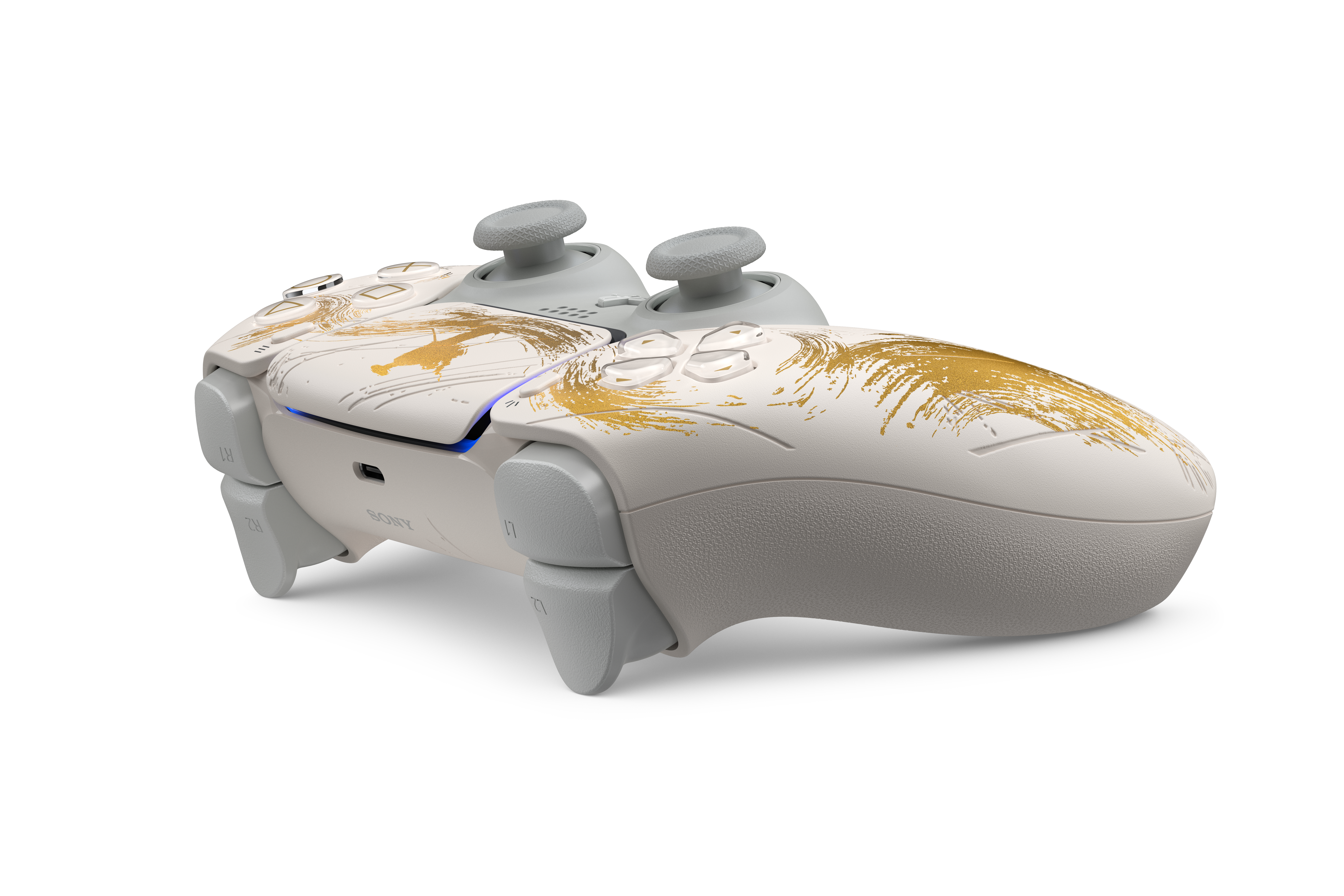 Ein weißer und goldener PlayStation 5-Controller. Er hat zwei graue Thumbsticks, Knöpfe und Auslöser. Der Hintergrund ist weiß.