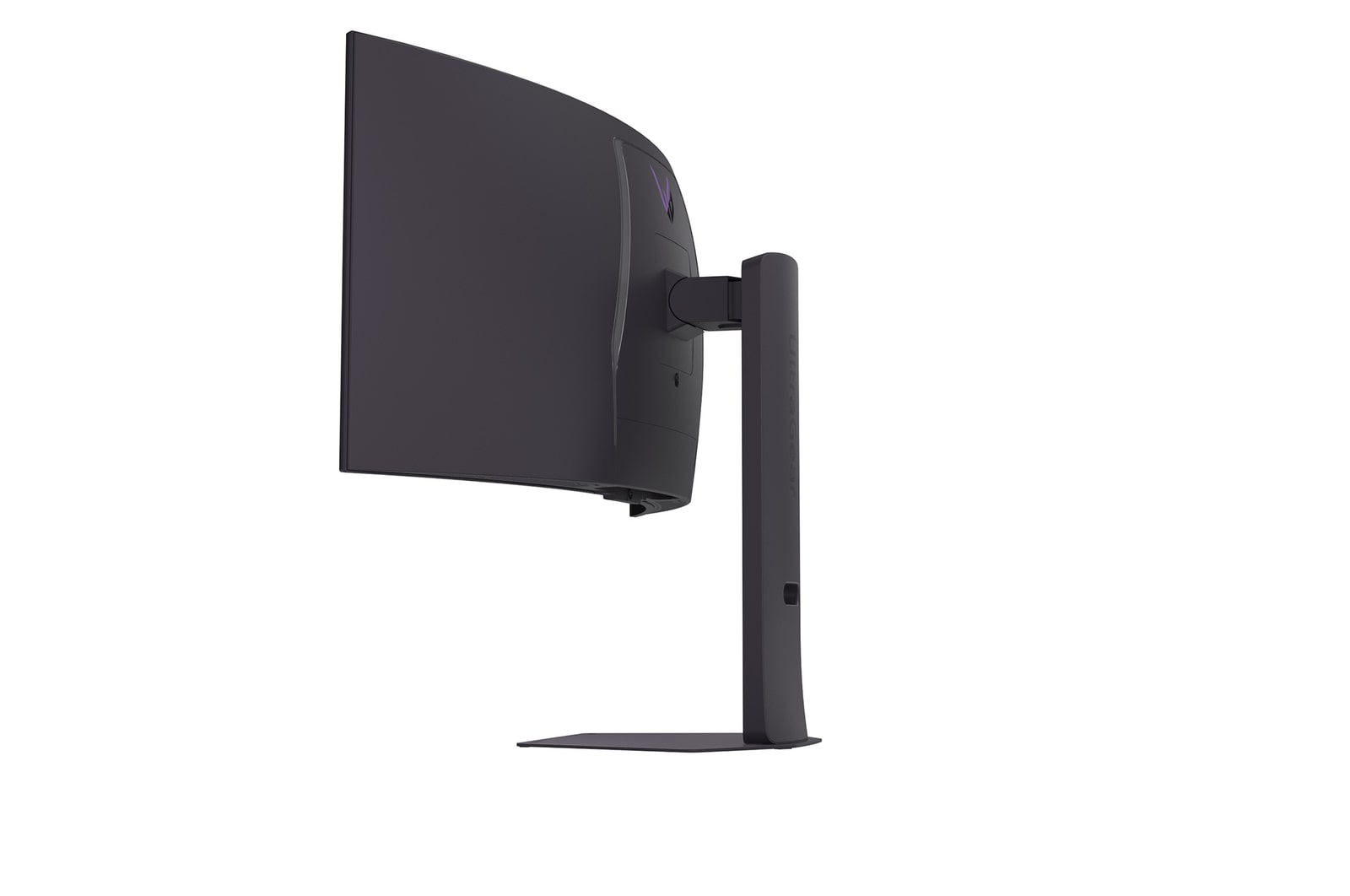 Ein gebogener schwarzer Monitor mit Ständer ist auf weißem Hintergrund isoliert. Der Monitor hat ein lila Logo auf der Rückseite.