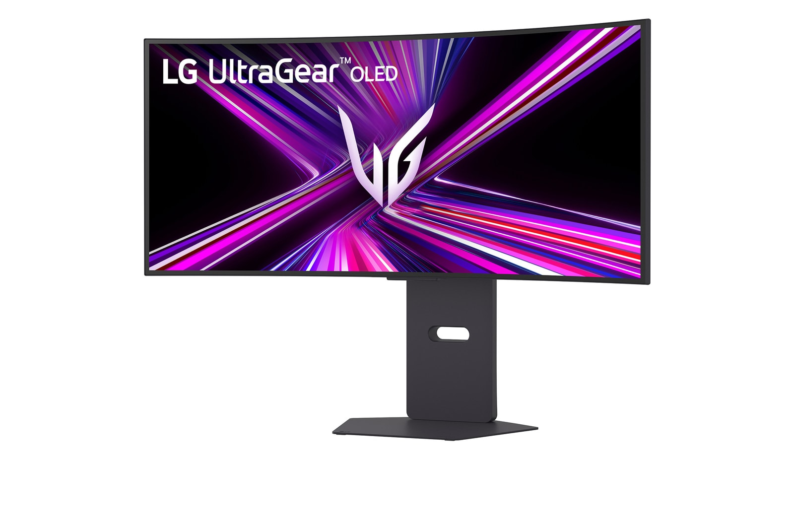 Gebogener LG UltraGear OLED-Monitor auf einem Ständer. Der Bildschirm zeigt eine lila-weiße Grafik. Der Ständer ist schwarz.