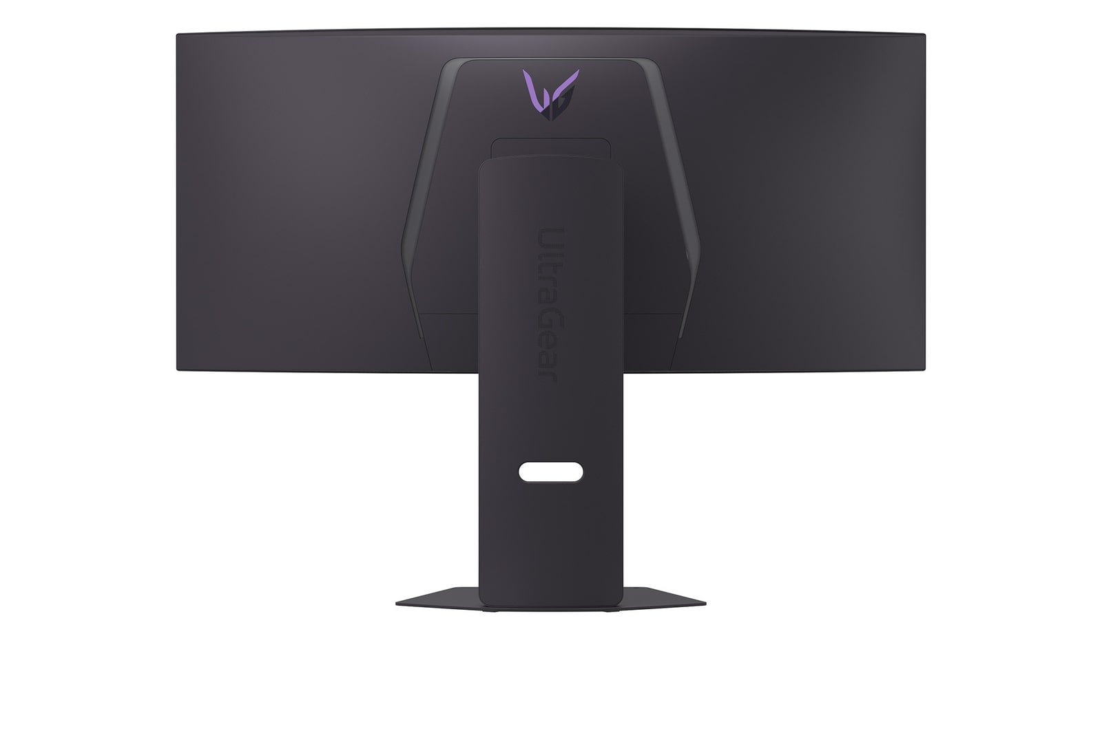 Rückansicht eines schwarzen UltraGear-Monitors. Der Ständer und die Rückseite sind schwarz. Das Ultragear-Logo ist sichtbar.