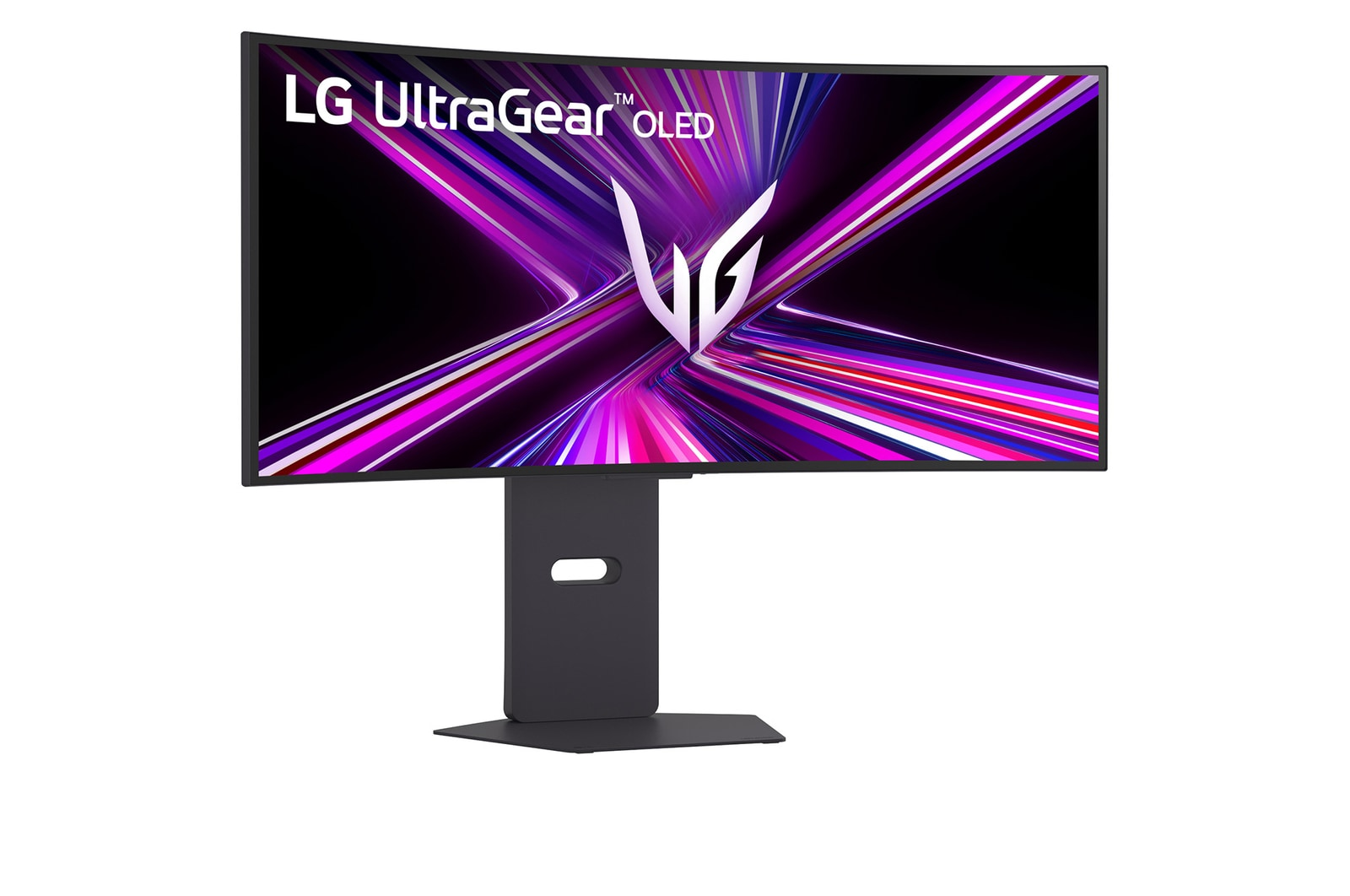 LG UltraGear OLED-Monitor. Schwarzer Rahmen, Display mit lila und weißem abstraktem Design, dunkelgrauer Ständer und Sockel, weißer Hintergrund.