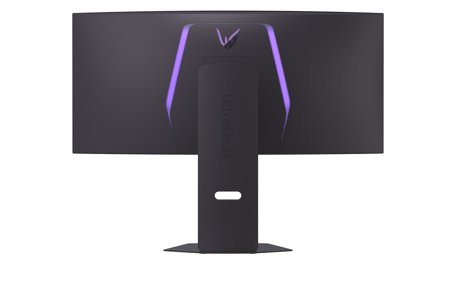 Rückseite eines schwarzen, gebogenen Monitors mit lila Akzenten und dem Ultragear-Logo und -Branding auf weißem Hintergrund.