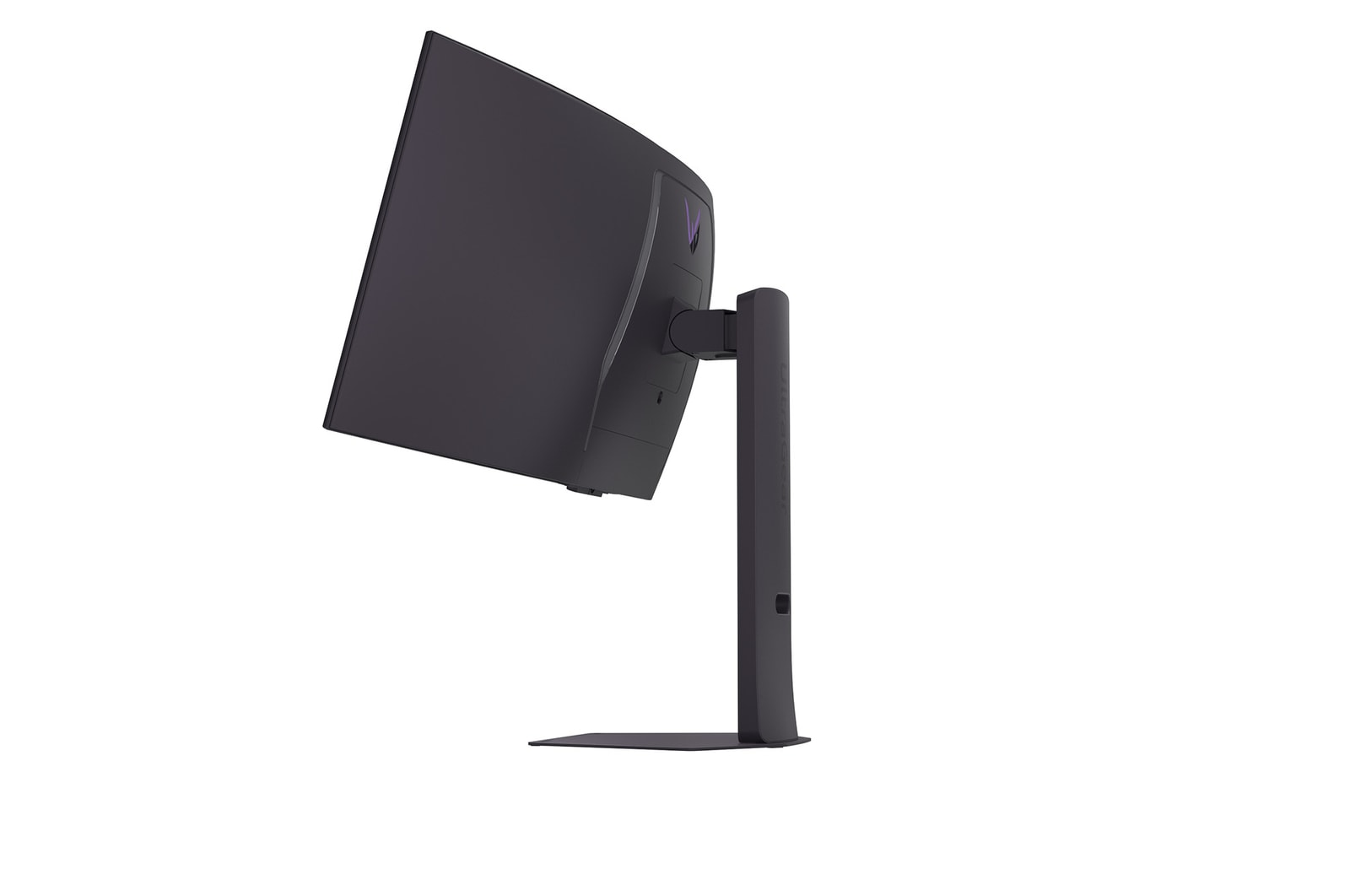 Dunkelgrauer, gebogener Monitor auf weißem Hintergrund. Die Rückseite des Monitors ist sichtbar und zeigt Ständer und Haltearm.