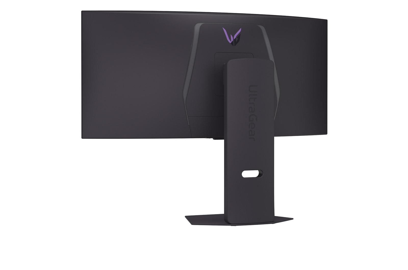 Rückseite eines schwarzen, gebogenen Monitors mit Ständer. Der Ständer trägt das Wort 'UltraGear'. Das LG-Logo befindet sich oben.