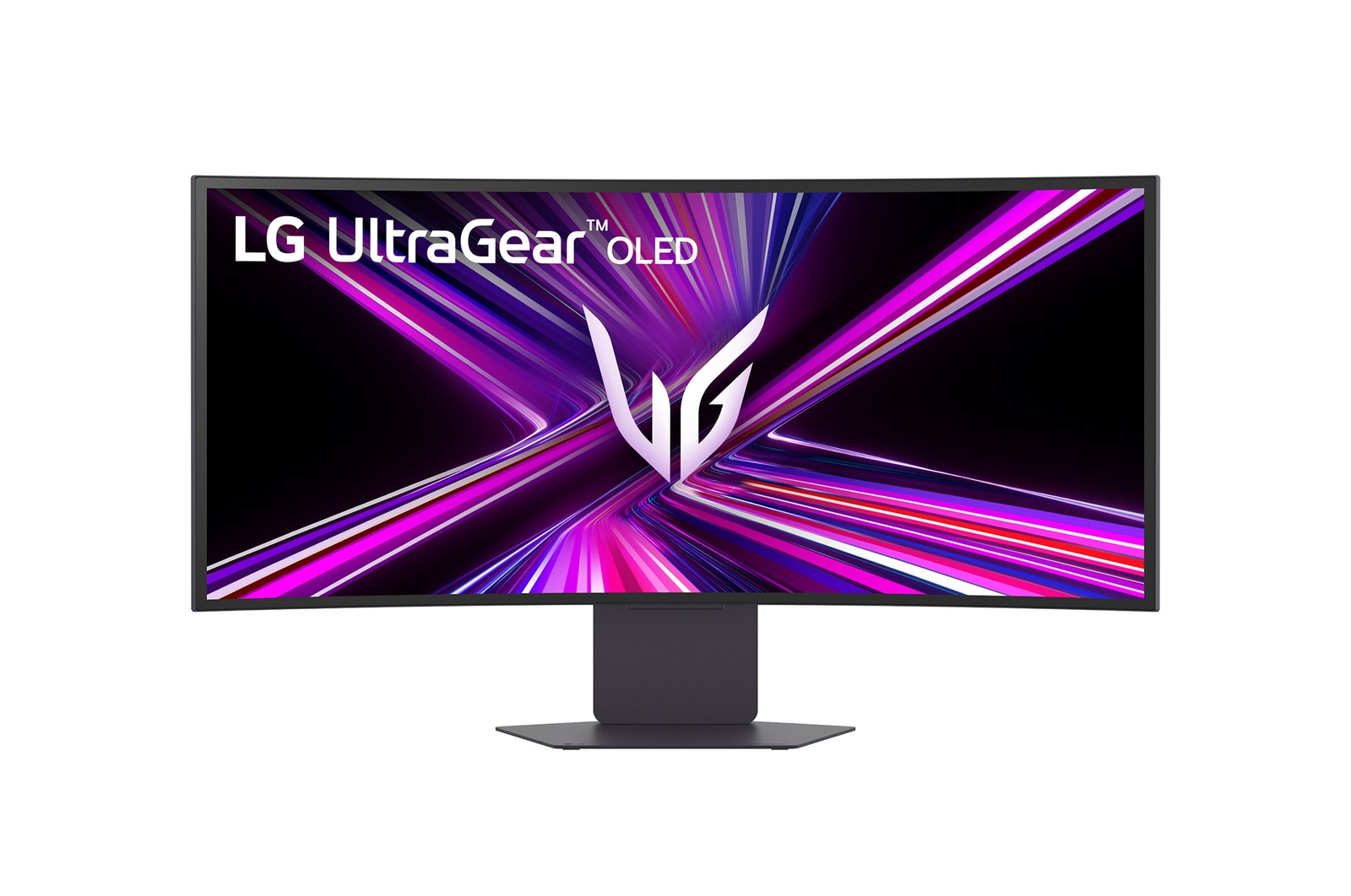 Ein gebogener LG UltraGear OLED-Monitor. Er hat einen schwarzen Rahmen und Standfuß. Der Bildschirm zeigt ein abstraktes lila-rosa Design.