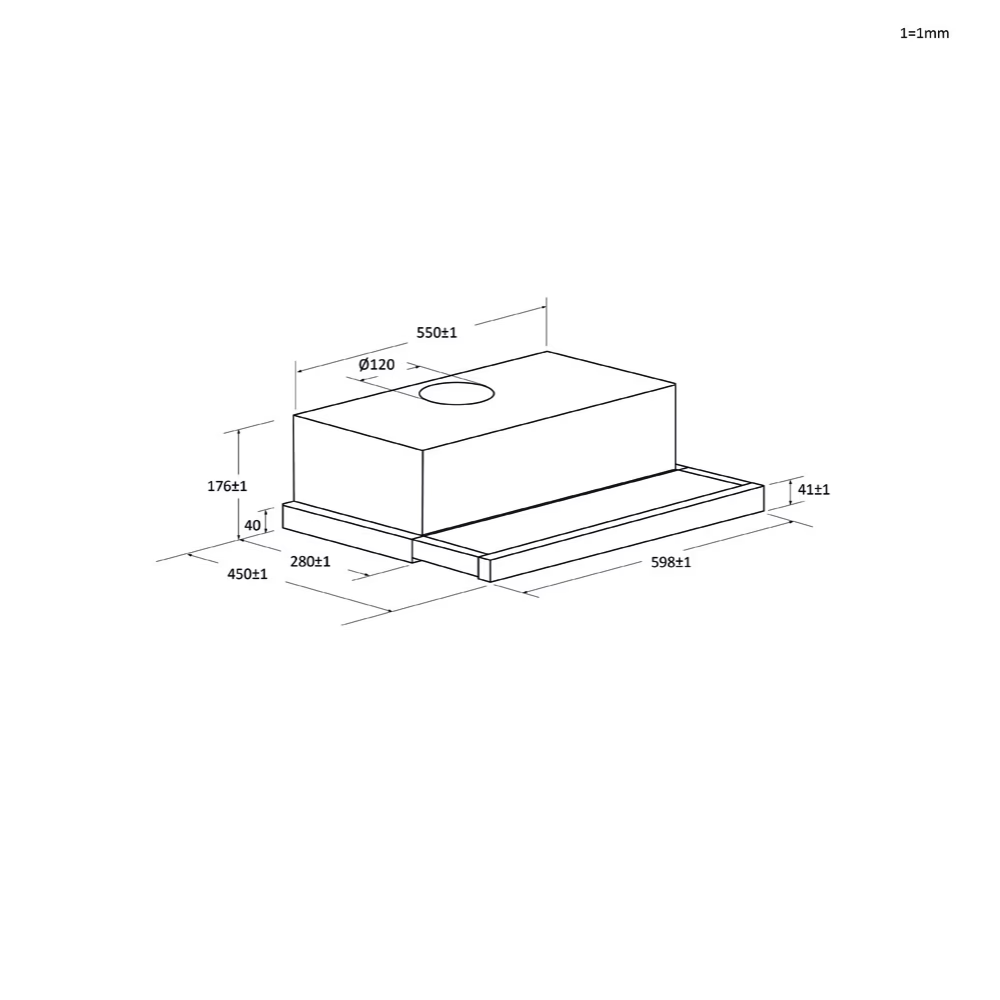 Egy téglalap alakú konyhai páraelszívó diagramja méretekkel. Kör alakú szellőzőnyílással rendelkezik, és különböző méretek vannak feltüntetve milliméterben.