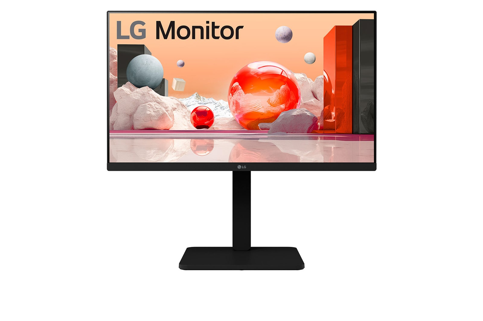Egy LG monitor absztrakt művészetet jelenít meg narancssárga, szürke és piros gömbökkel és formákkal. A monitor fekete talpon áll.