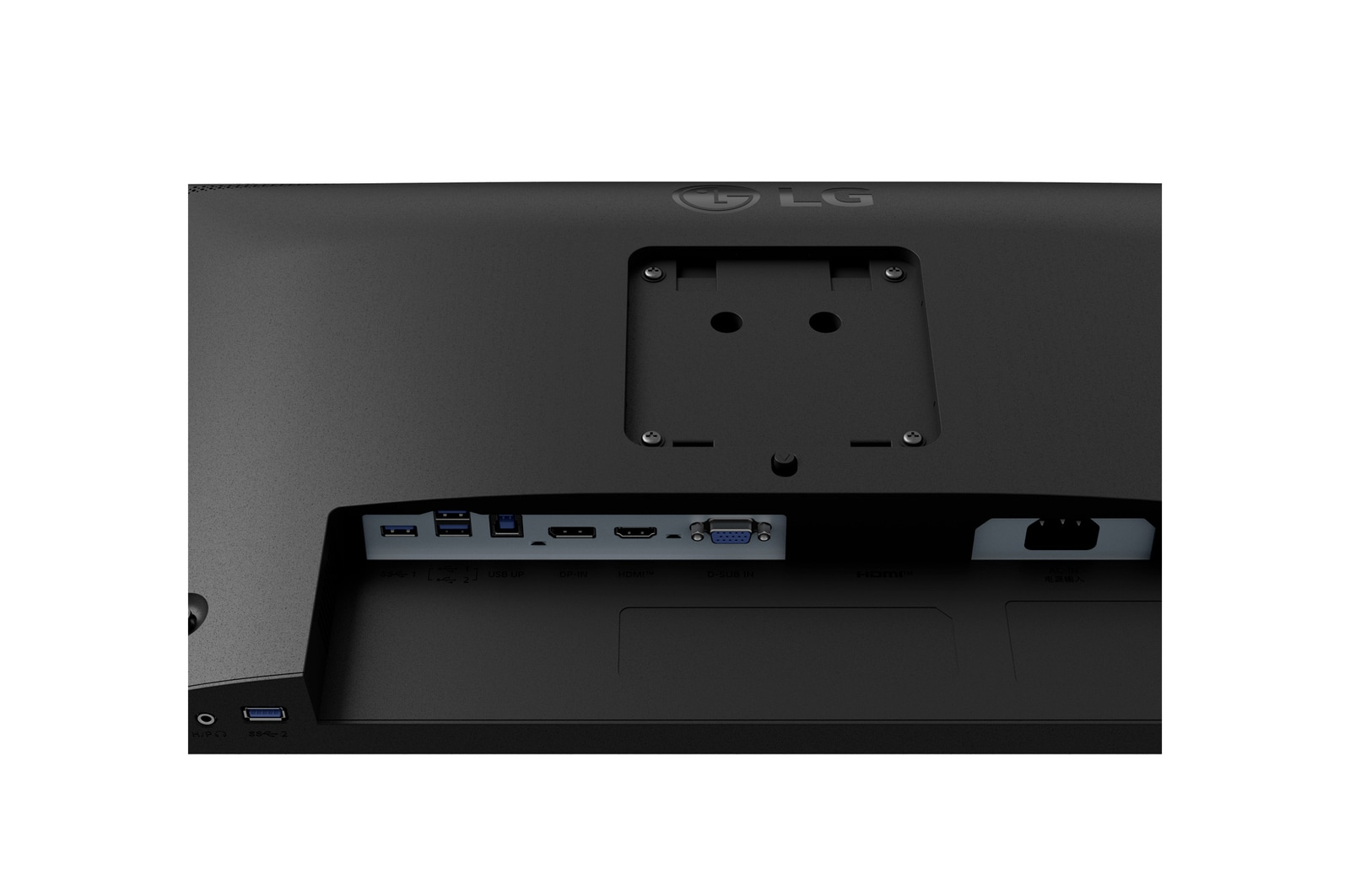 Egy fekete számítógép-monitor hátulnézete. Különböző portjai vannak, beleértve az USB-t, a HDMI-t és a tápbemenetet. Az LG logó látható.