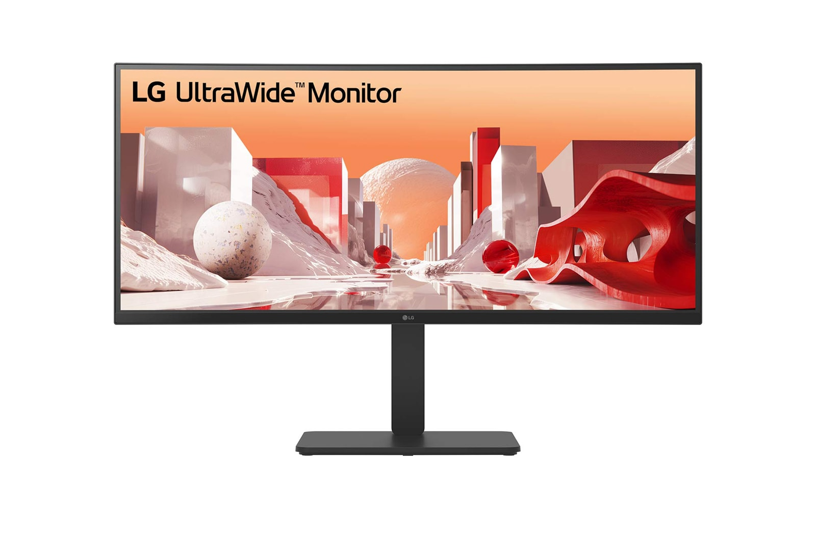 LG UltraWide Monitor. Das Display zeigt abstrakte Kunst mit roten, weißen und grauen Formen. Der Monitor steht auf einem schwarzen Ständer.