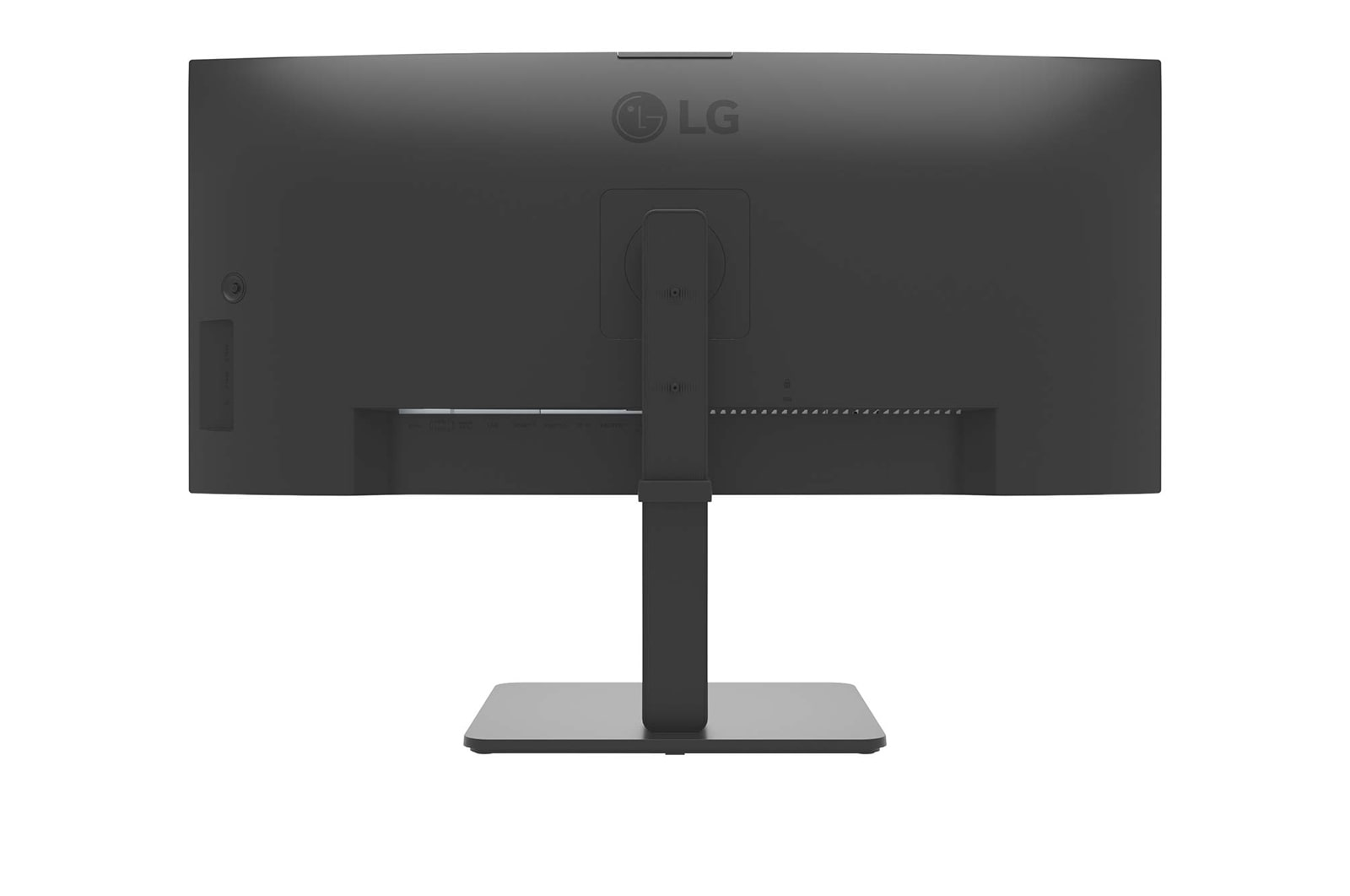 Rückansicht eines LG-Monitors. Er ist grau mit einem Ständer. Oben befindet sich das LG-Logo. Anschlüsse sind sichtbar.