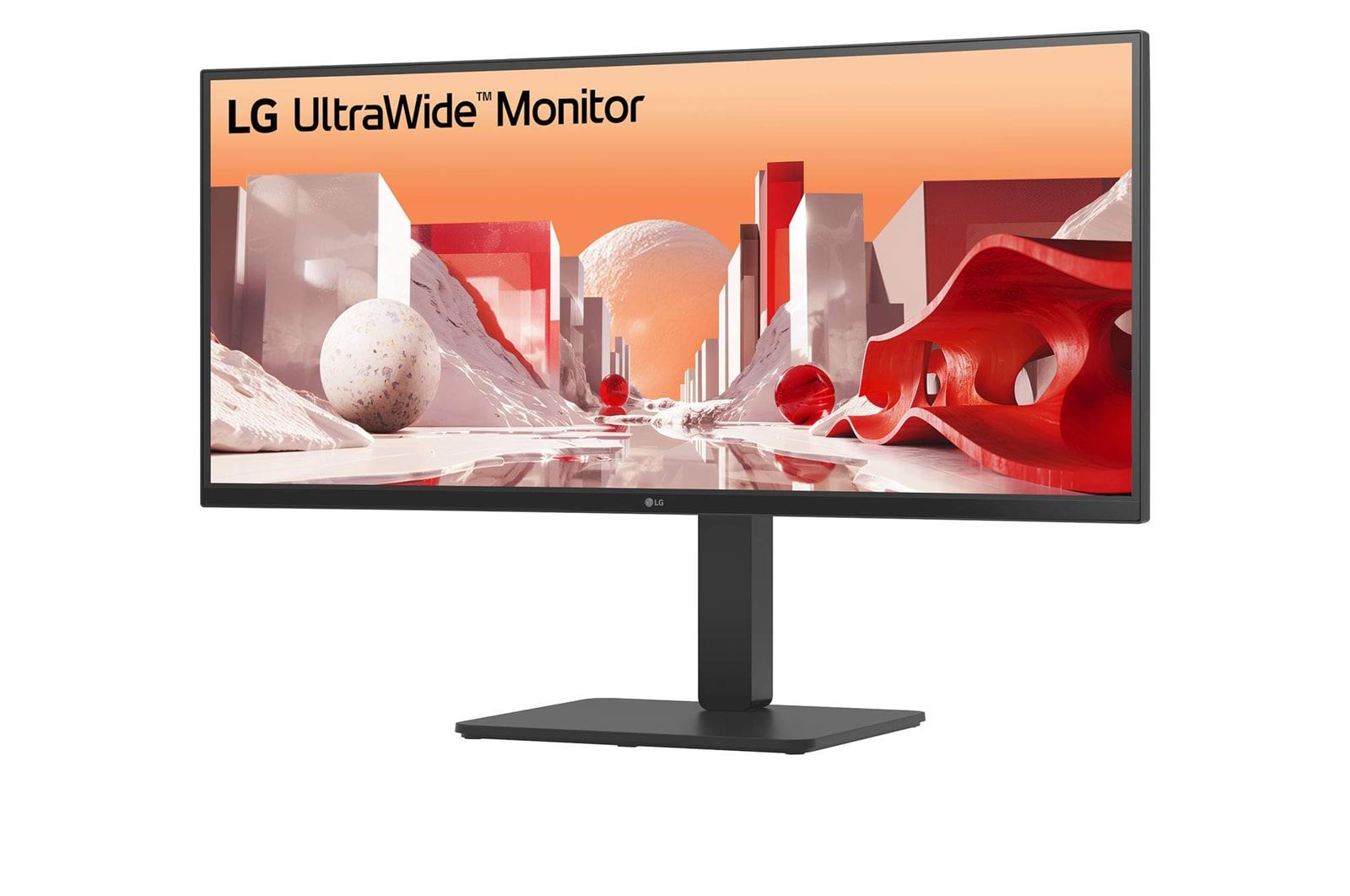 LG UltraWide Monitor zeigt eine abstrakte Landschaft mit roten, weißen und orangenen Elementen. Der Monitor steht auf einem schwarzen Ständer.