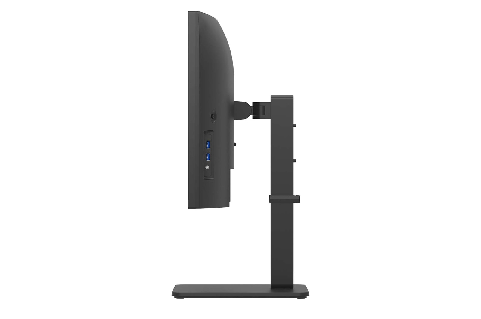 Seitenansicht eines schwarzen Computermonitors. Er hat einen Ständer und mehrere Anschlüsse an der Seite. Der Hintergrund ist weiß.