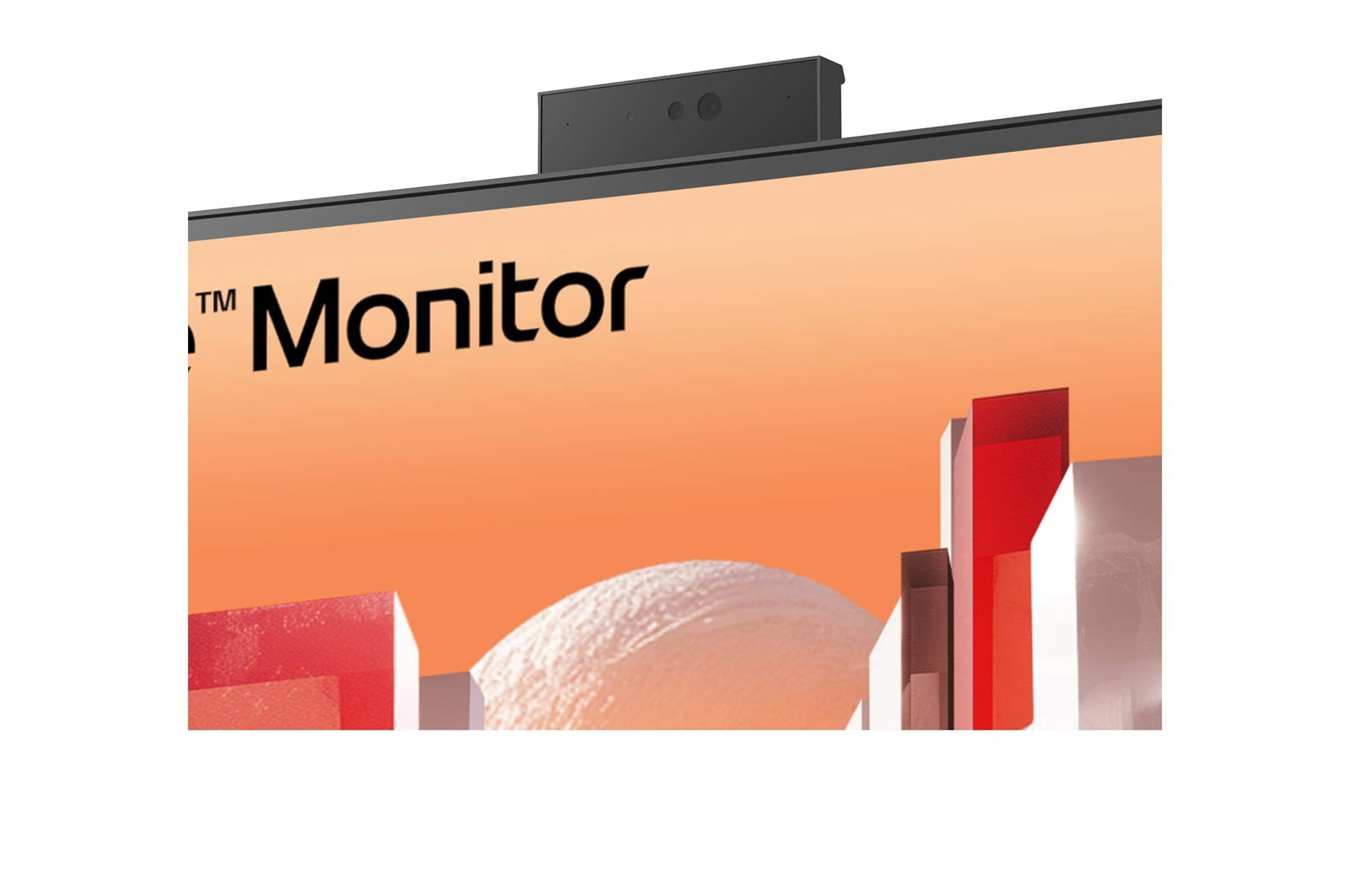 Ein Computermonitor mit einer schwarzen Webcam oben. Der Bildschirm hat einen orangefarbenen Hintergrund mit dem Wort 'Monitor'.
