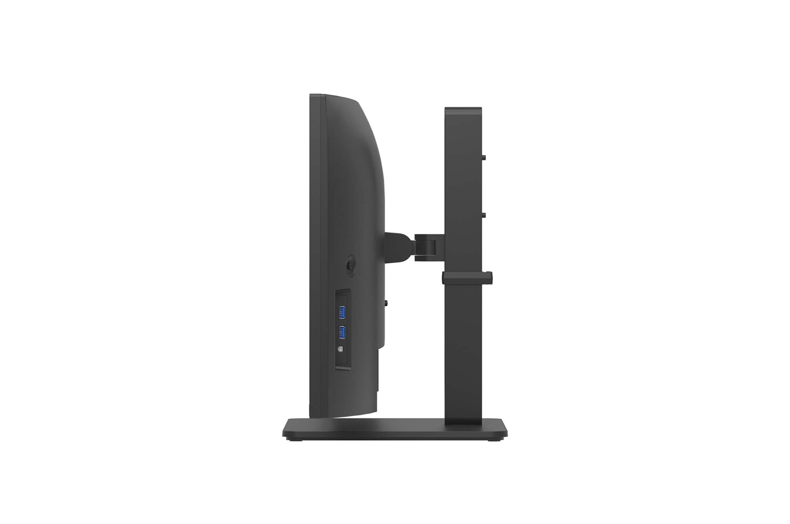 Ein schwarzer Computermonitor von der Seite. Er hat einen Ständer und einen Bildschirm. Der Hintergrund ist weiß.