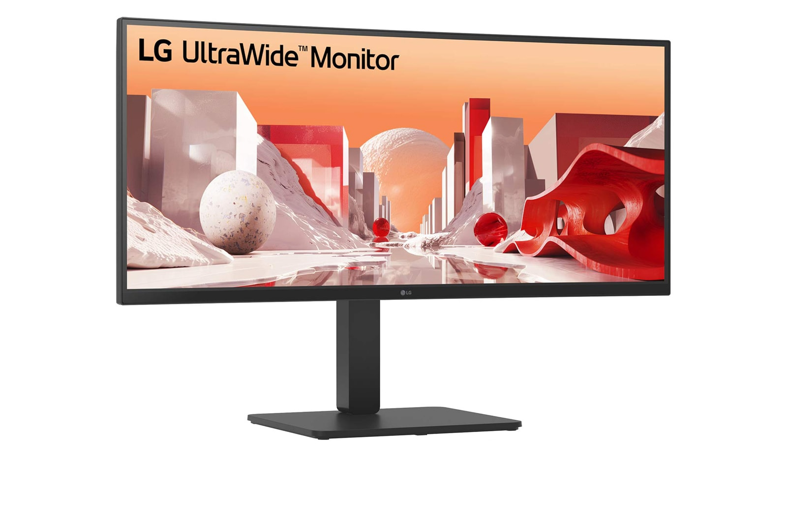 Ein LG UltraWide-Monitor zeigt eine abstrakte Kunstszene mit Kugeln und roten Formen vor einem pfirsichfarbenen Hintergrund.